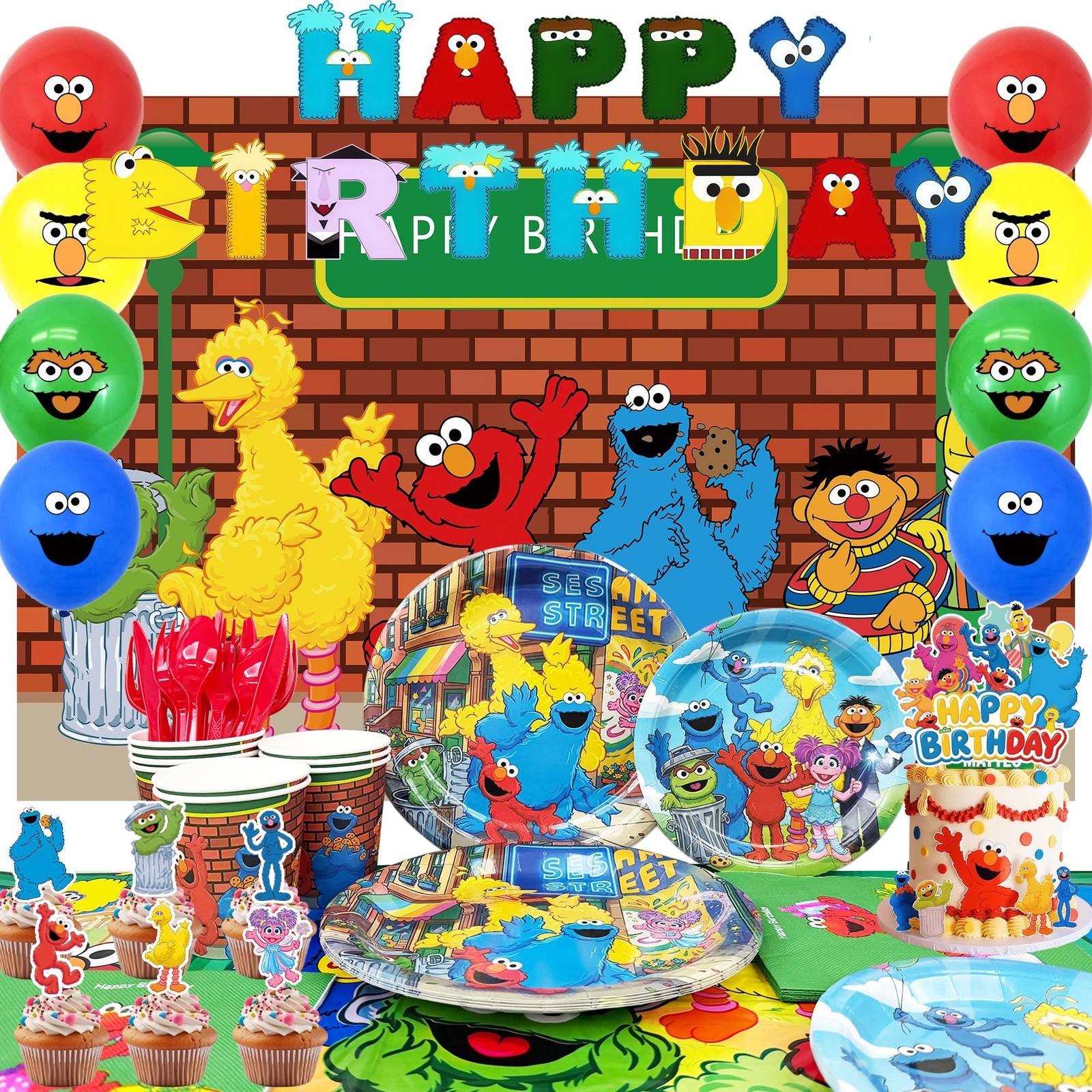 110 Pcs Sesame Street Party Decoration Birthday Plates Cups Balloons Cake Topper