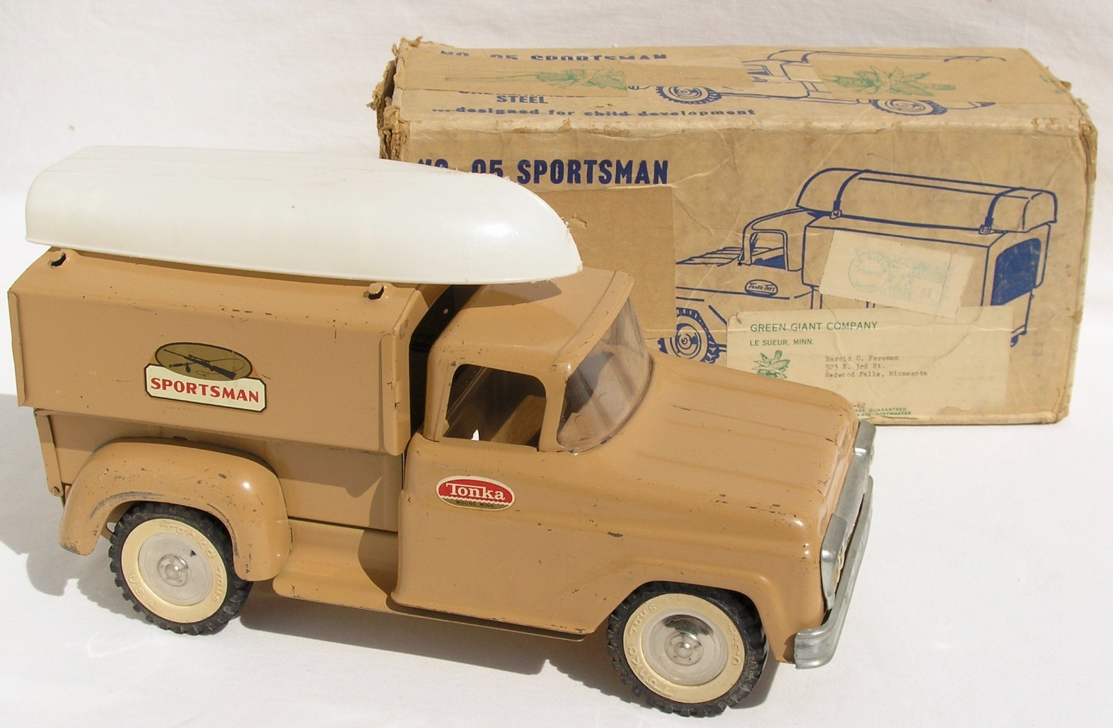 Vintage Tonka Tan Sportsman Side Step Pick Up Truck & Box Green Giant Mail Order