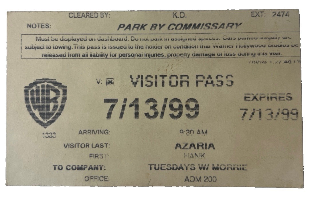 Original 1999 Warner Bros Visitor Pass Hank Azaria Tuesdays With Morrie