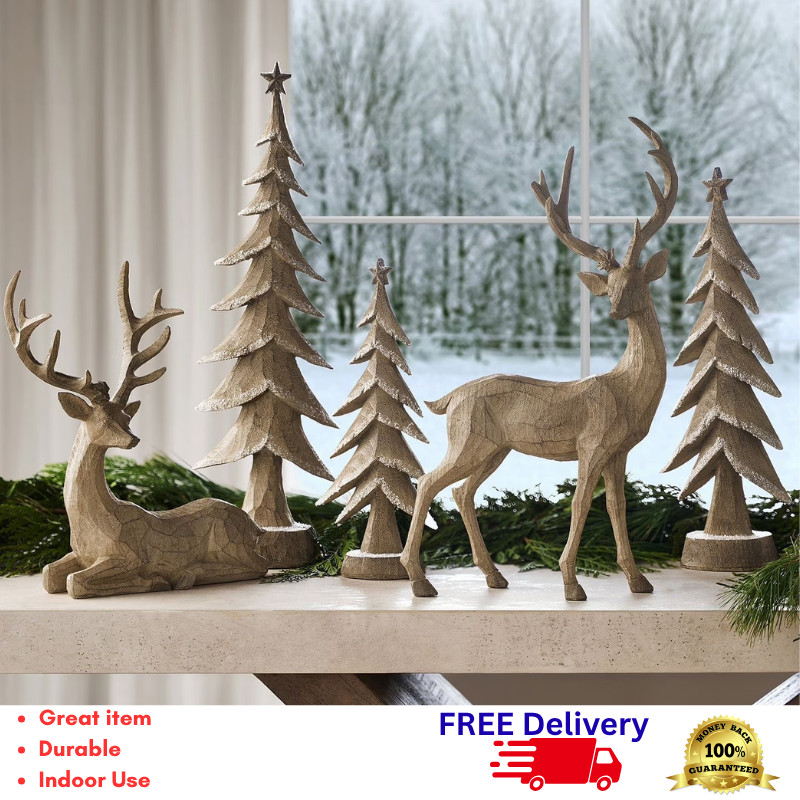 5 Pc Rustic Wooden Resin Deer & Christmas Tree Tabletop Decor Set Holiday Mantle 5 Pc Rustic Wooden Resin Deer & Christmas Tree Tabletop Decor Set Holiday Mantle
