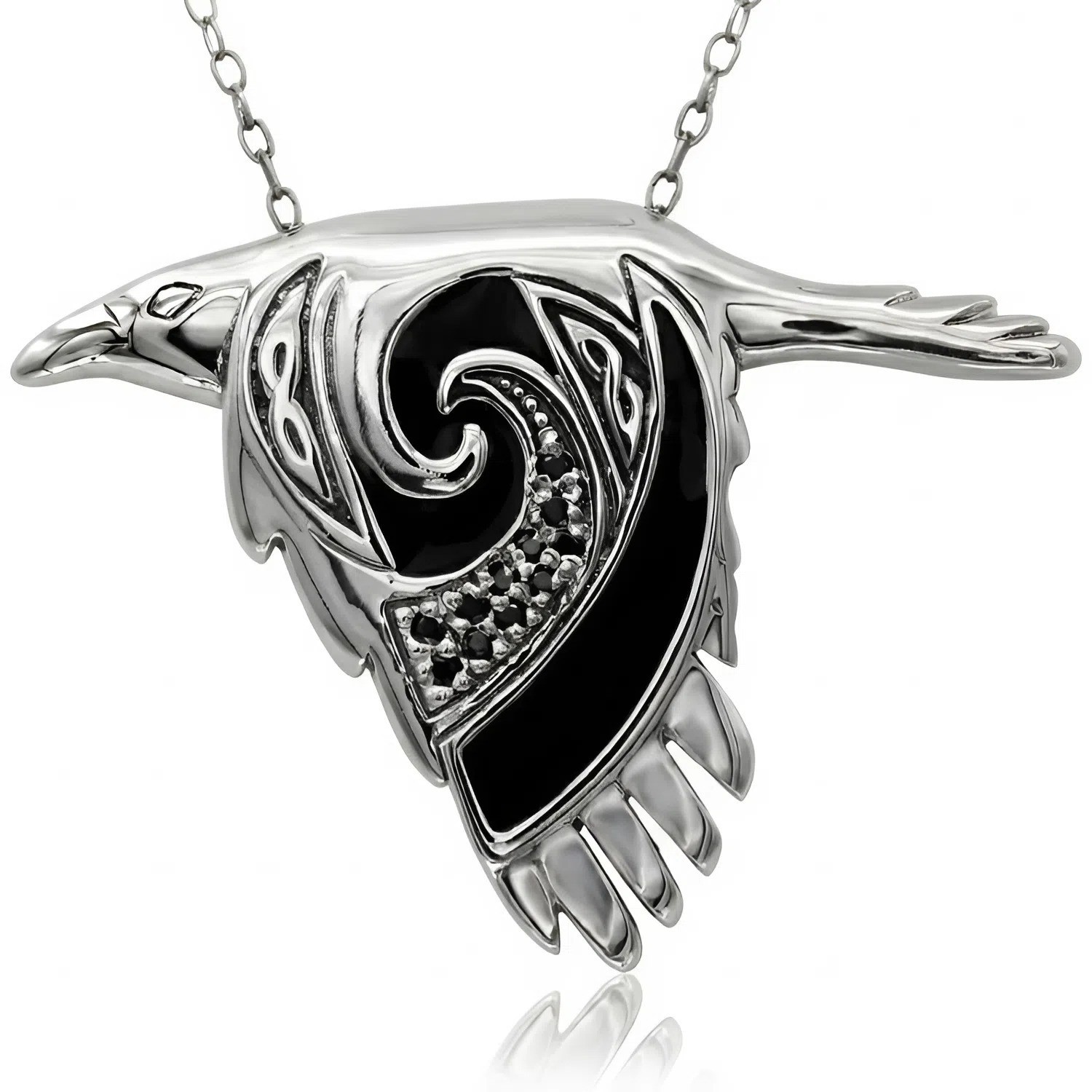 Sterling Silver Flying Celtic Knot Raven Pendant - Crow Necklace Bird 20\