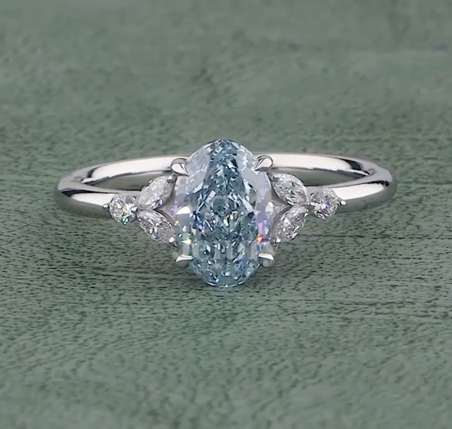 Fancy Vivid Blue Oval Lab Created Engagement Ring ,Wedding Gift For Her