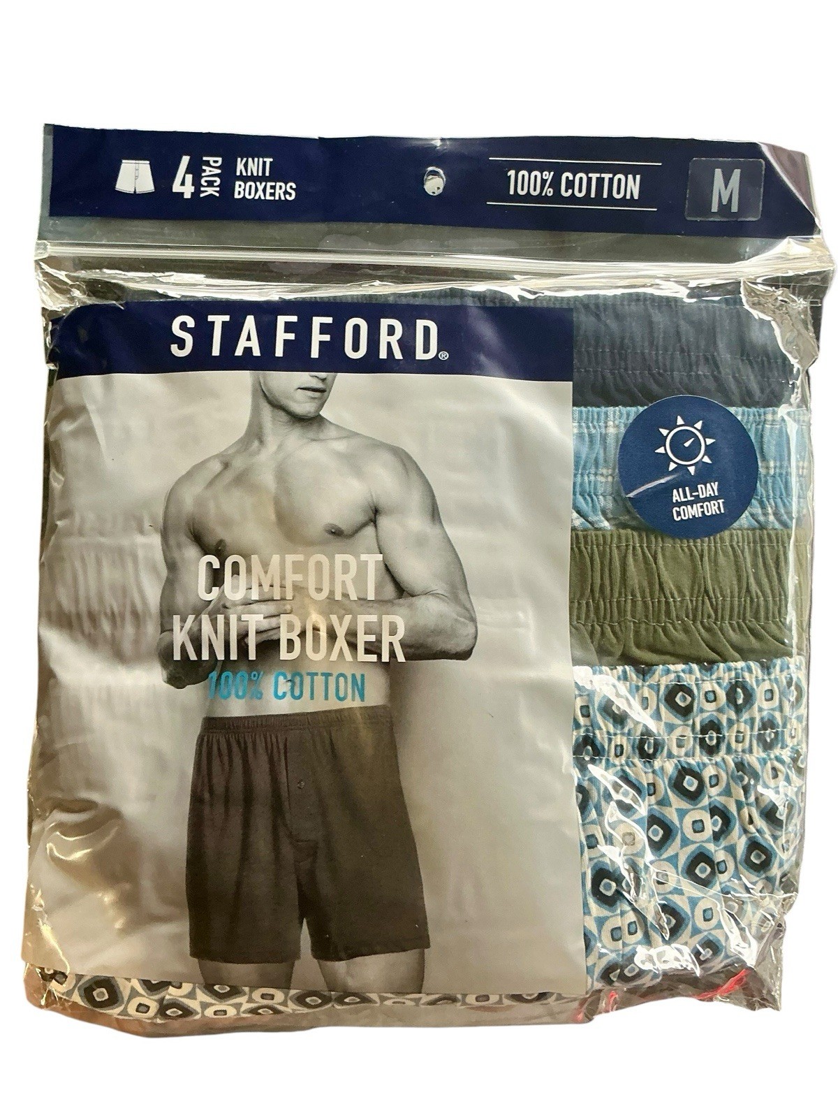 Stafford Men’s Knit Boxers 4 Pack Medium 32-35 100% Cotton Blue Green NIP