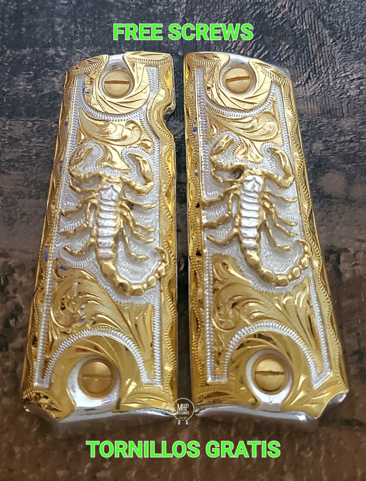 Cachas 1911 full size Scorpion alacran premium Custom gun Grips 24k gold plated