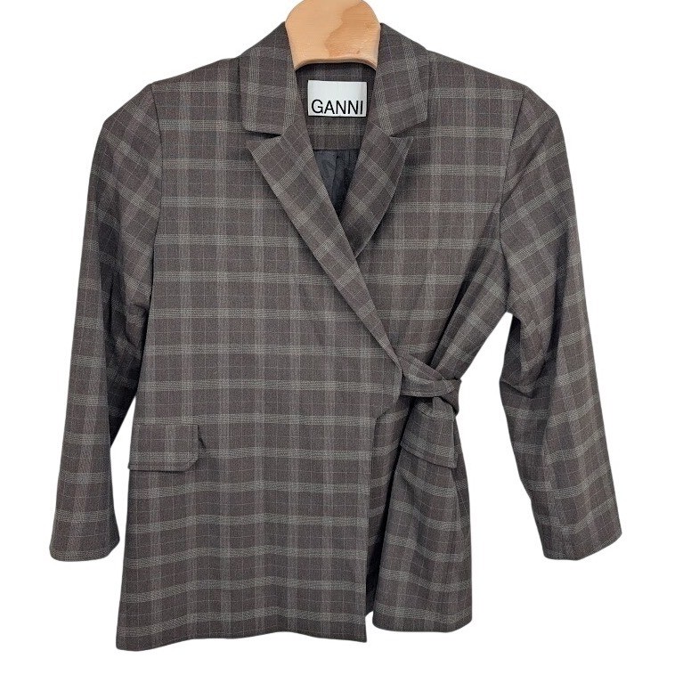 Ganni Brown Plaid Checked Woven adjustable Wrap Blazer Jacket Tie Women\'s sz 44