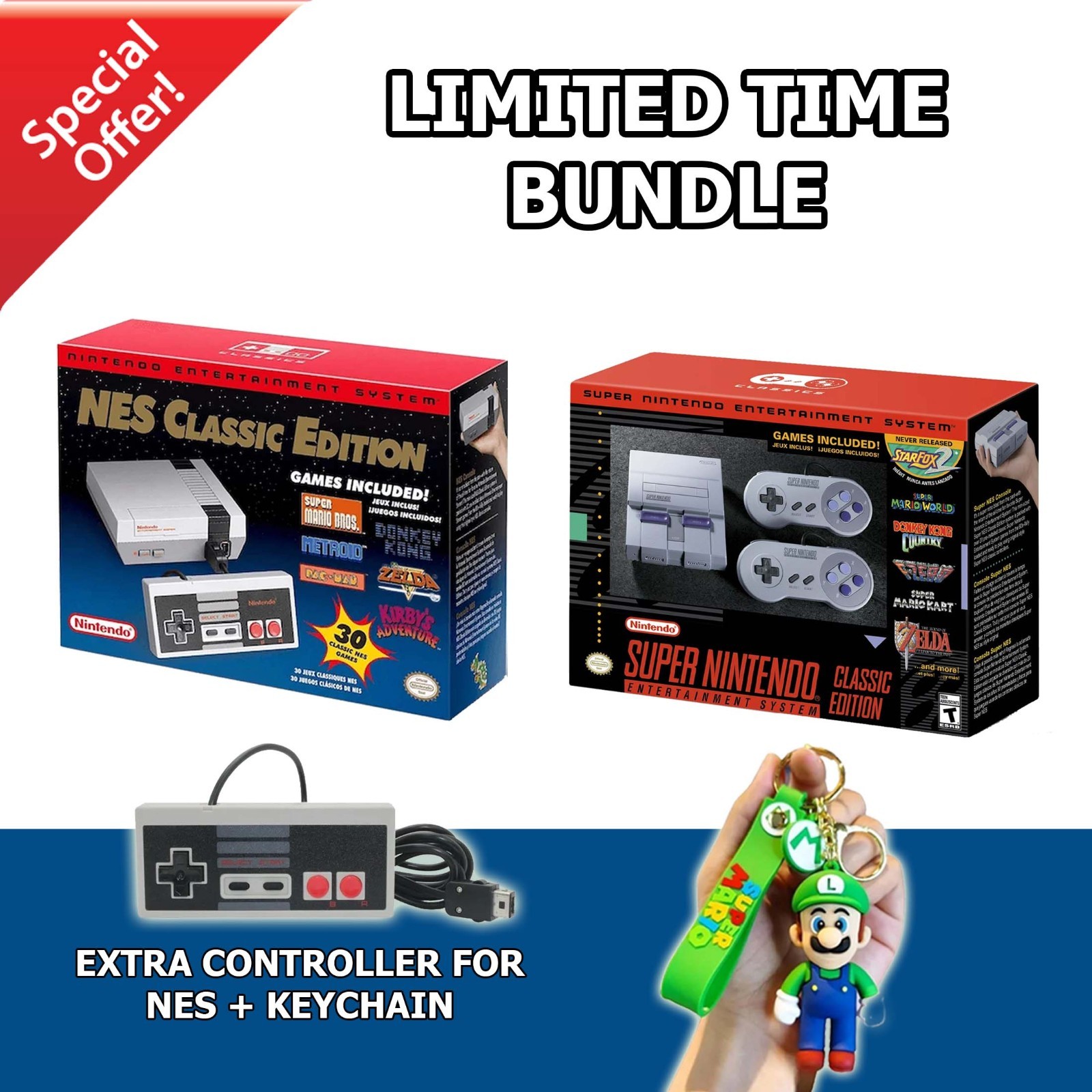 NES and SNES Classic Edition Bundle Extra Controller + Keychain FAST SHIPPING NES and SNES Classic Edition Bundle Extra Controller + Keychain FAST SHIPPING