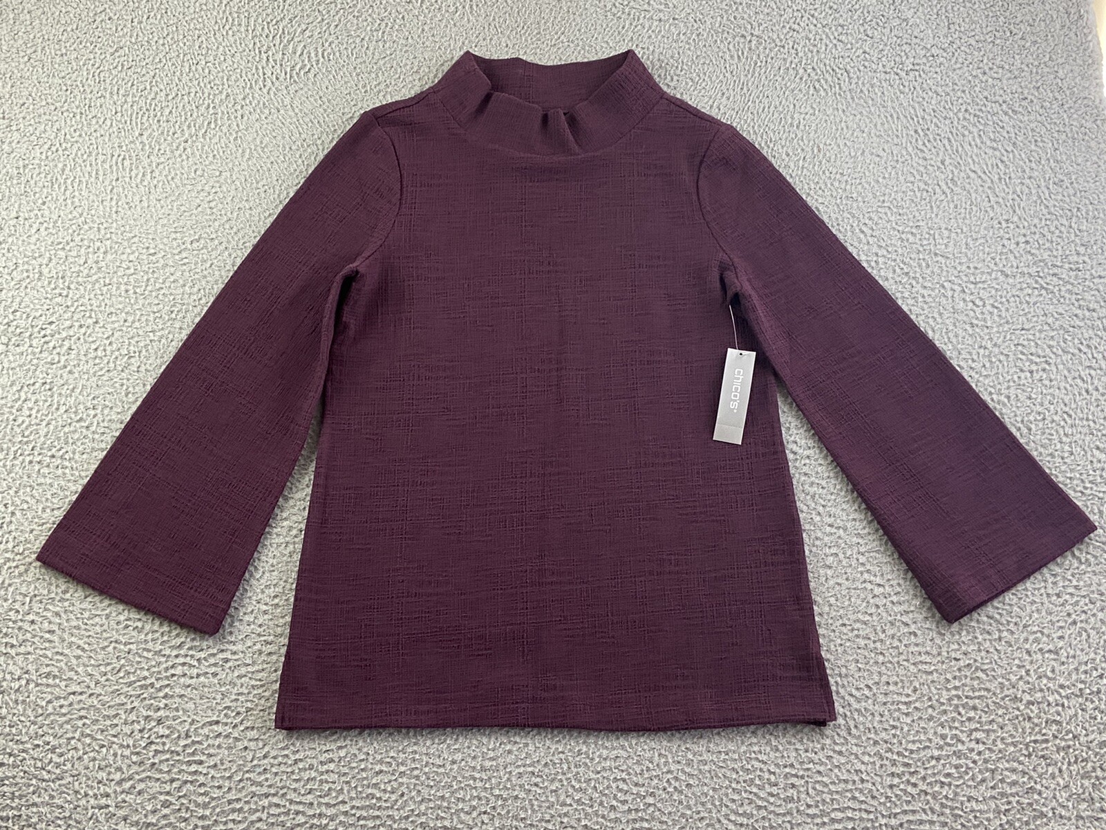 NWT Chico\'s Size 0 Flare Mock Textured Shirt Tunic Popover Top in Royal Bordeaux