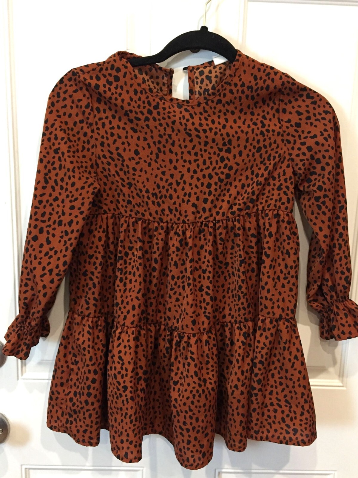 Shein Girls Shift Dress Size 9Y Brown Animal Print Long Sleeve Tiered Flowy