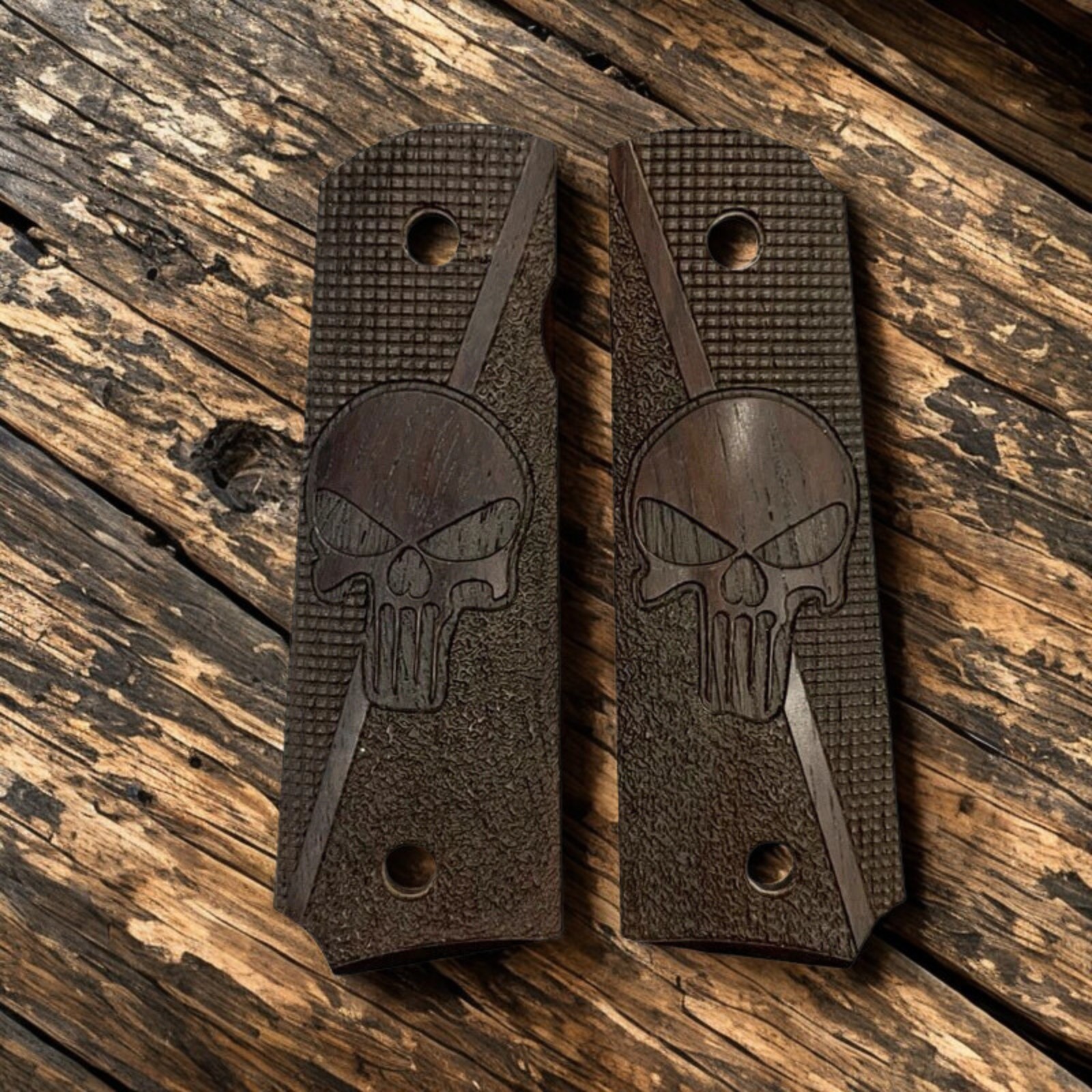 Wood 1911 Grips Punisher Skull for Colt Government Commander with Screws