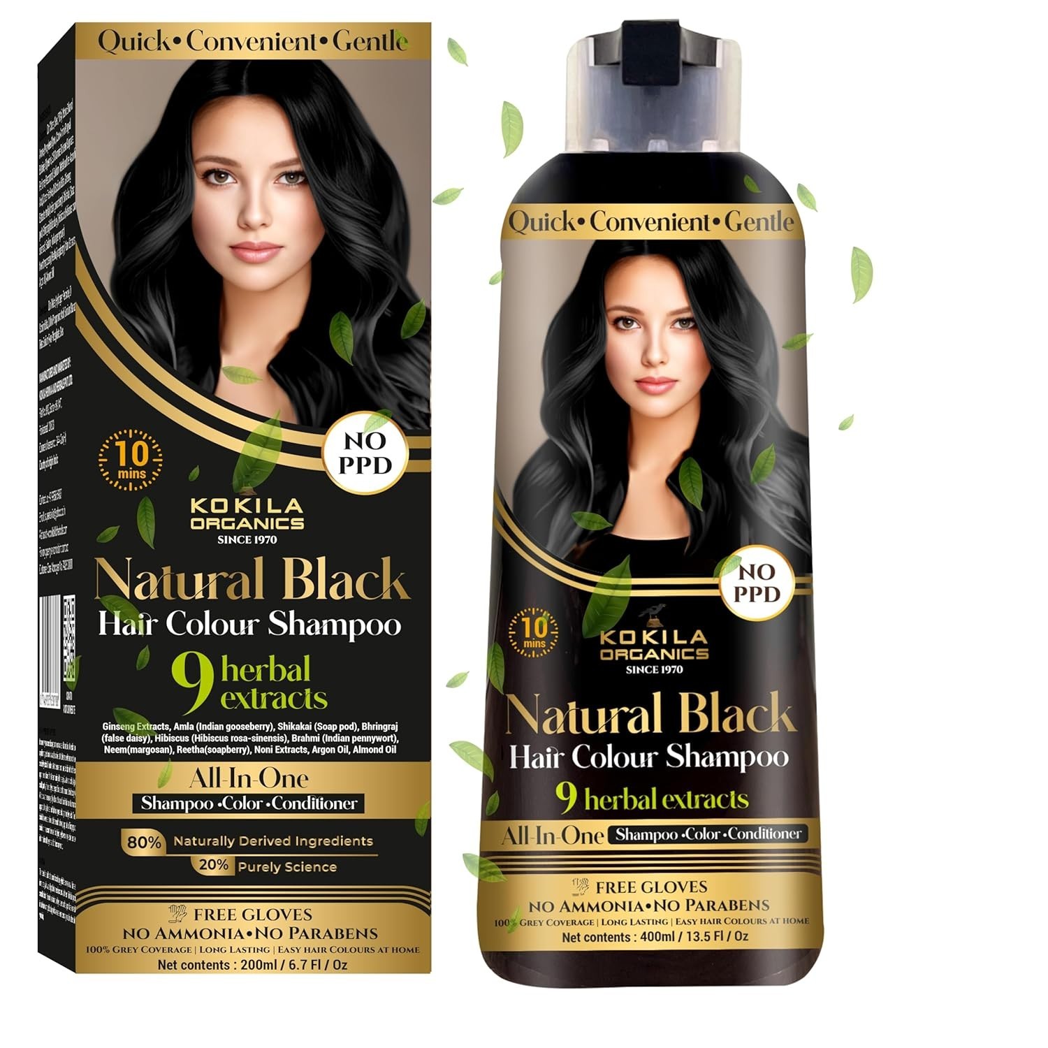 Kokila No PPD Shampoo Hair Colour Black 400ml Men Women 10 Min Gloves