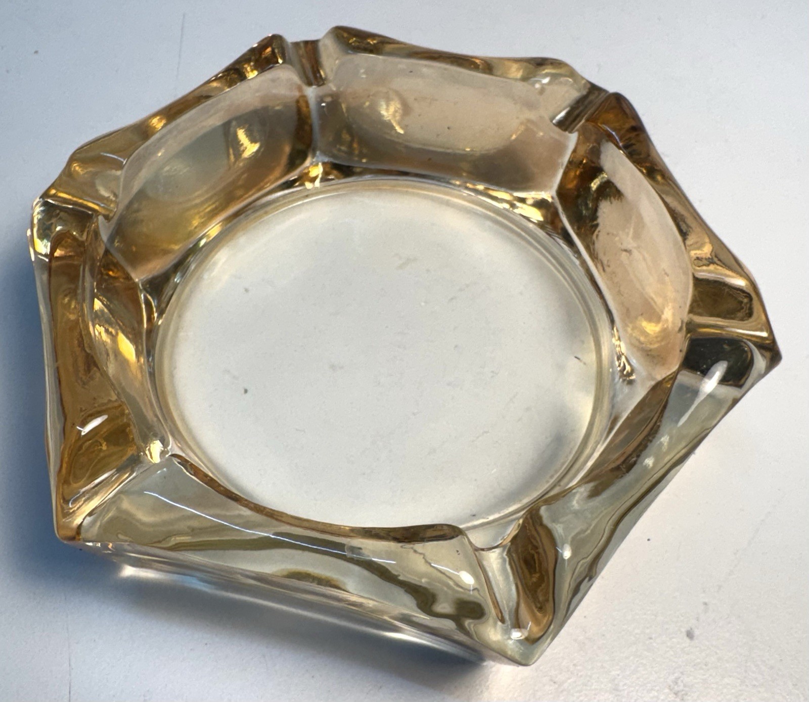 Vintage MCM Amber Glass Ashtray Iridescent Carnival Finish 6 Cigarette Slots