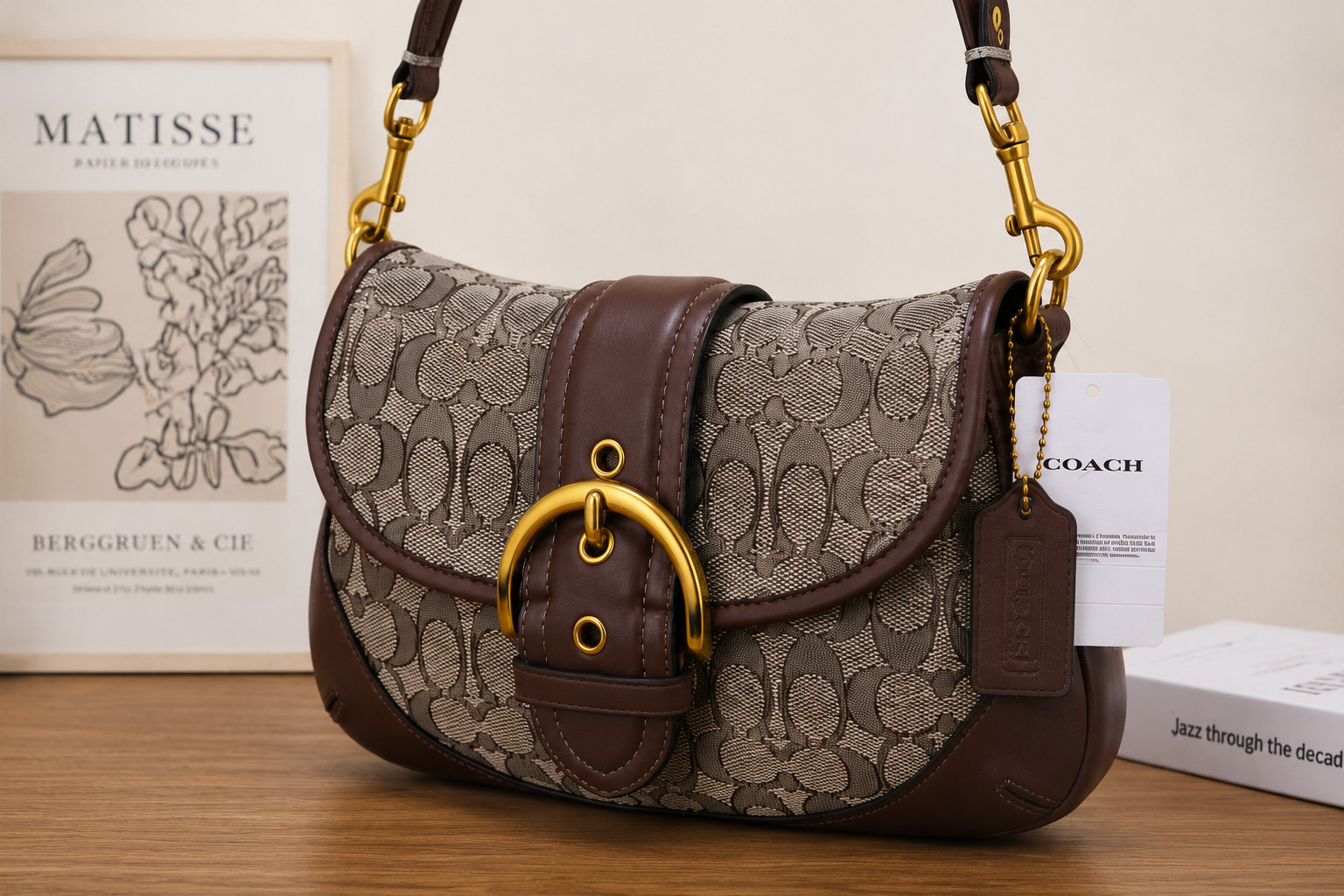 Coach CJ814 Soho Shoulder Bag Signature Canvas Brown Logo Buckle