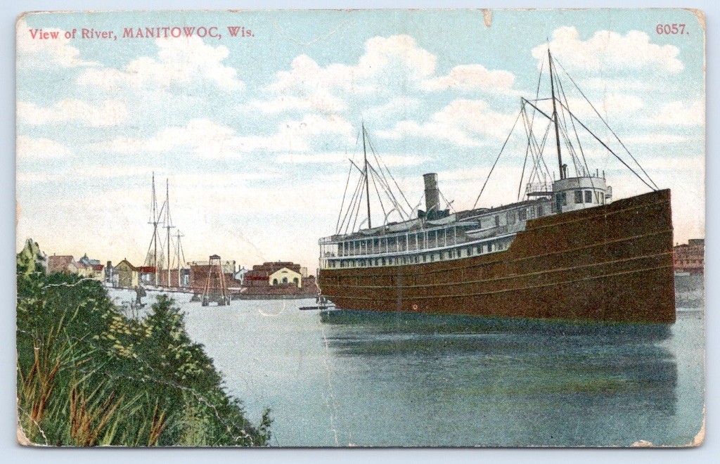 Manitowoc Wisconsin View of River Steamer Ship Bosselman 1912 Postcard