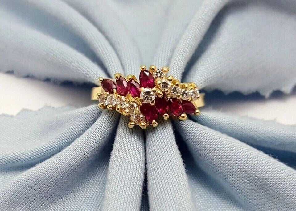 2.22 Ct Marquise Cut Natural Ruby &  Diamond Wedding Ring 14K Yellow Gold
