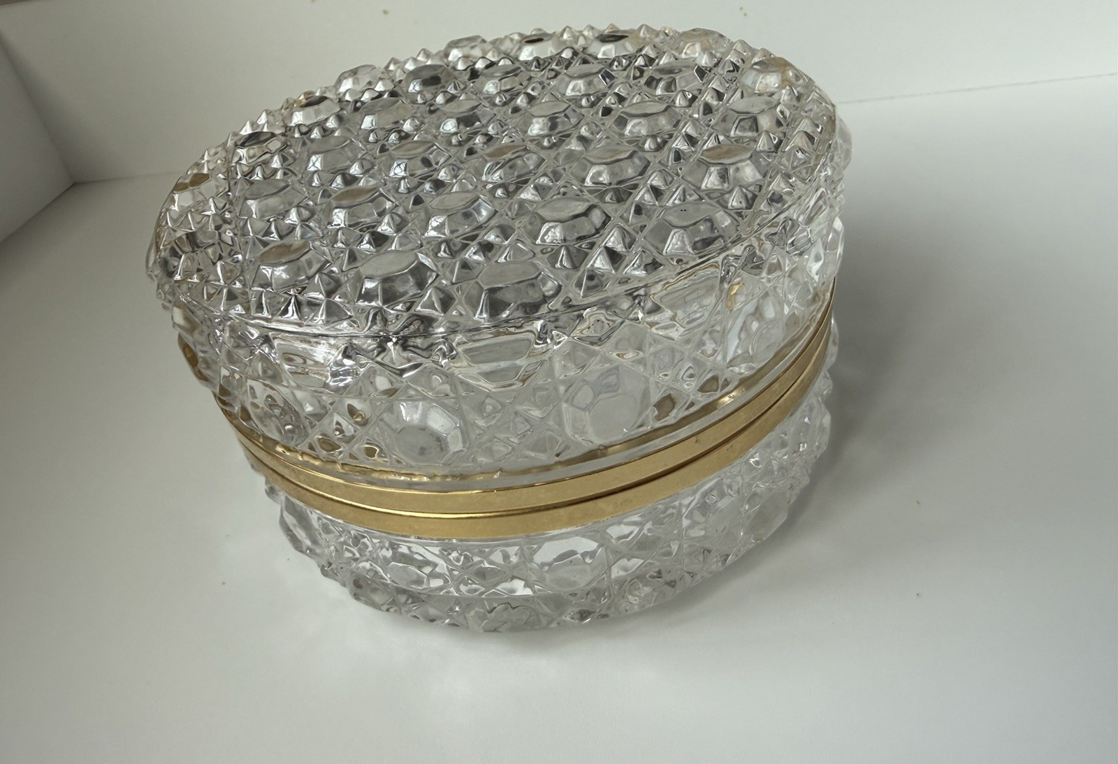 Vintage French Baccarat Style Crystal Glass Jewelry Trinket Casket Round 4 3/4”