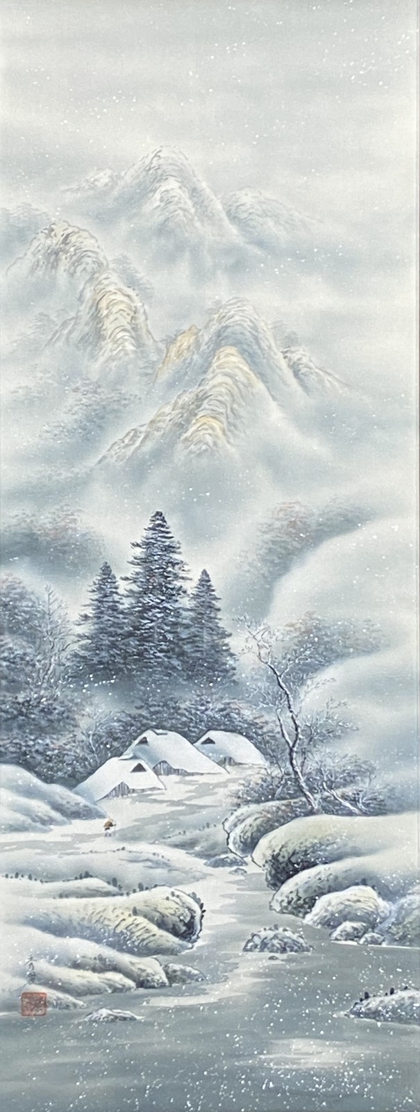 Vintage Japanese Hanging Scroll, Snowy Mountain Scene, Matsubara Shurei, Boxed
