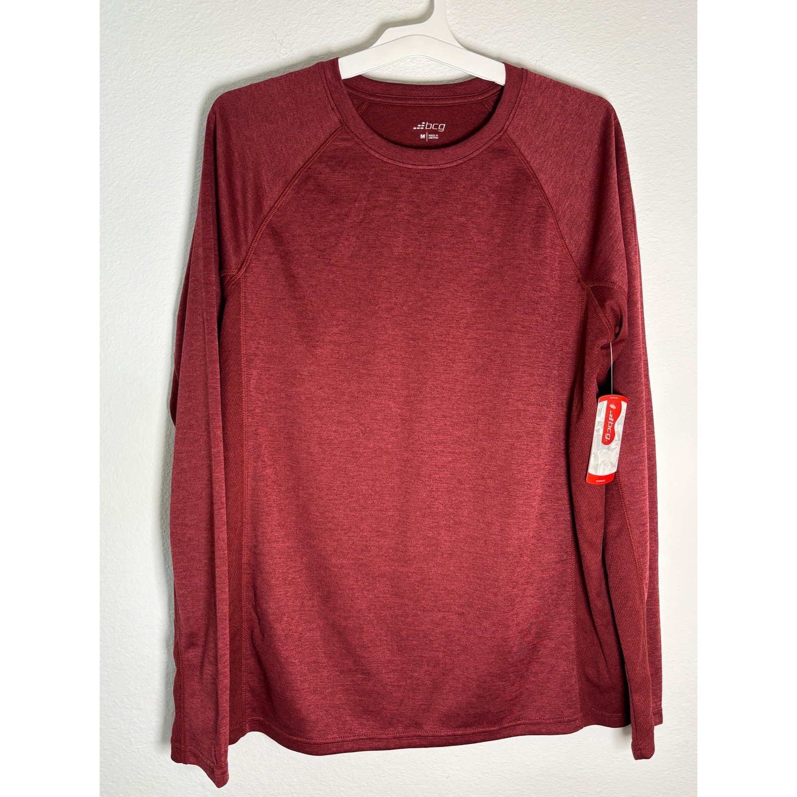 BCG Mens Long Sleeve Active Training Shirt Burgundy Red Heathered Size M NWT