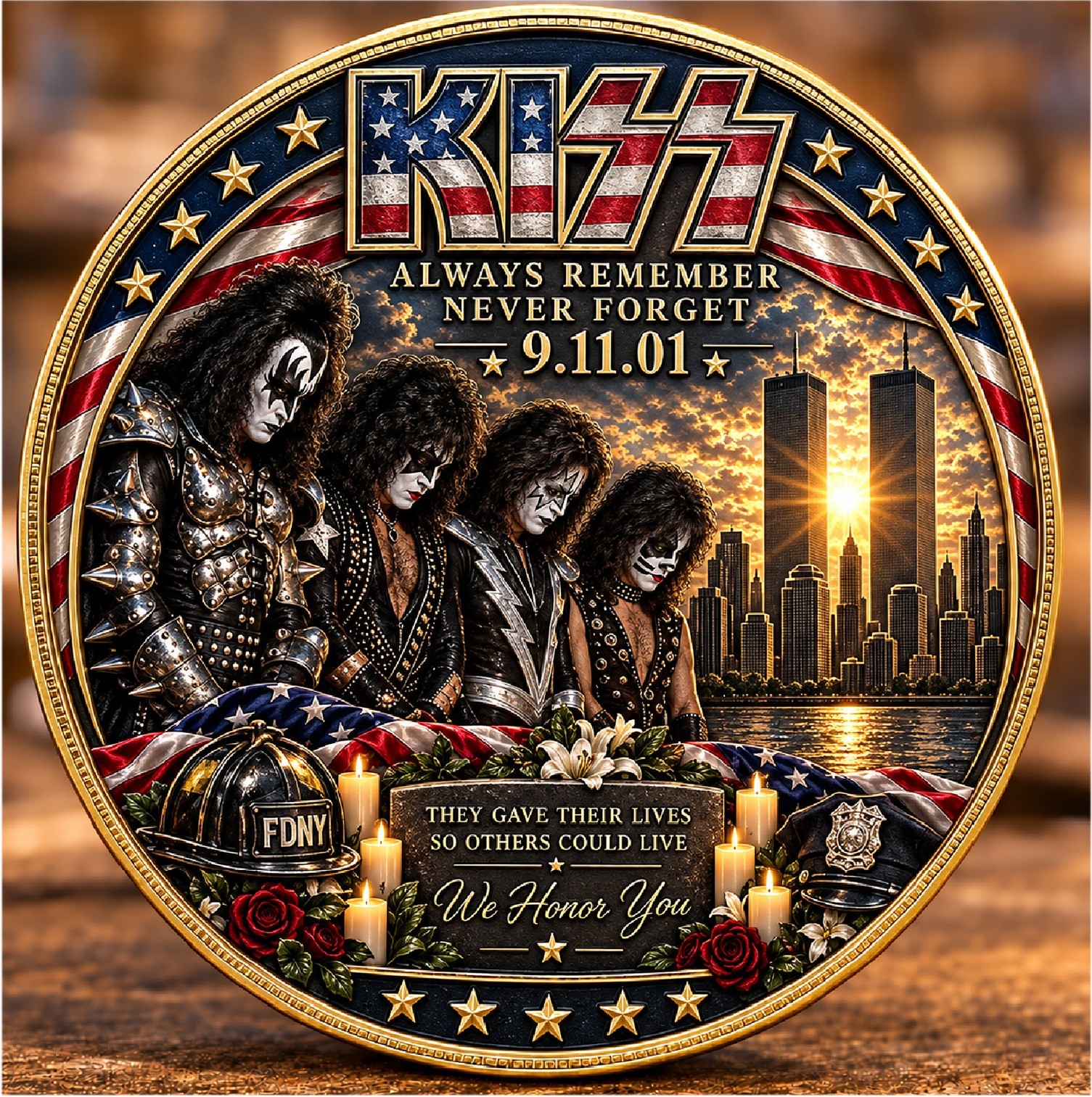 KISS Band 9/11 Memorial Challenge Coin Always Remember Never Forget Gold Plated