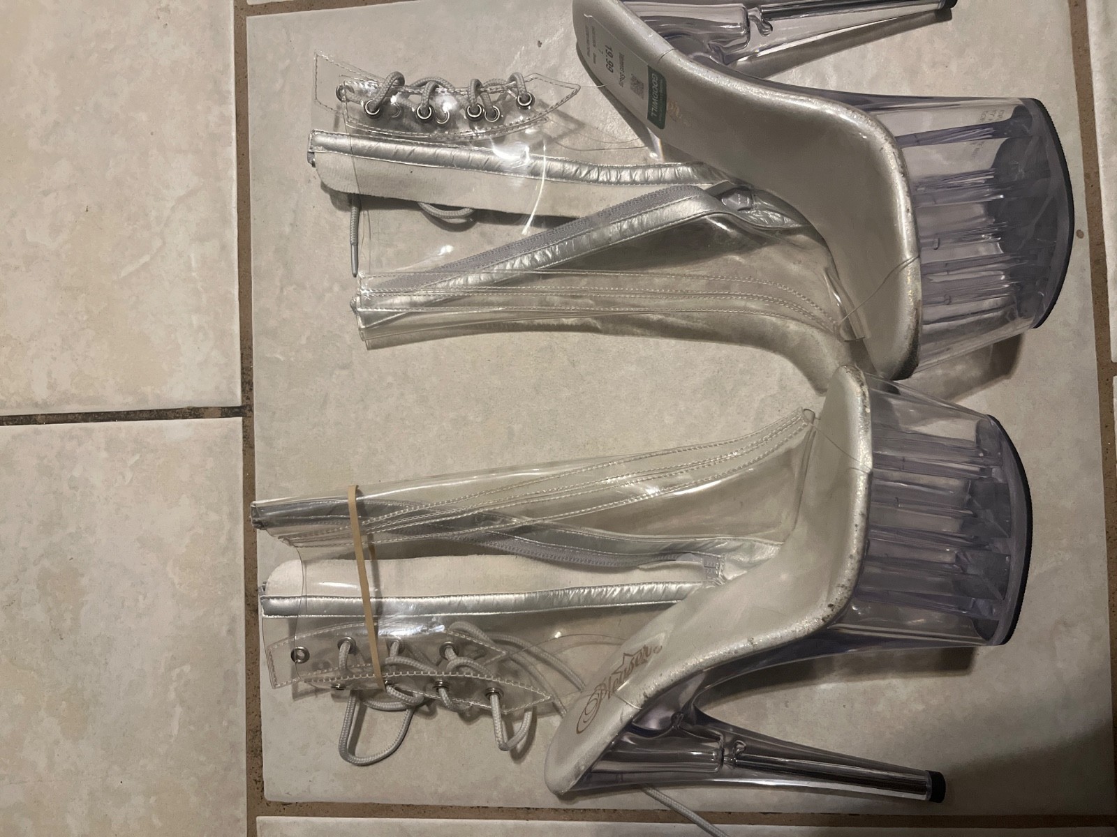 pleaser heels size 7 see through clear color zip up used excellent condition