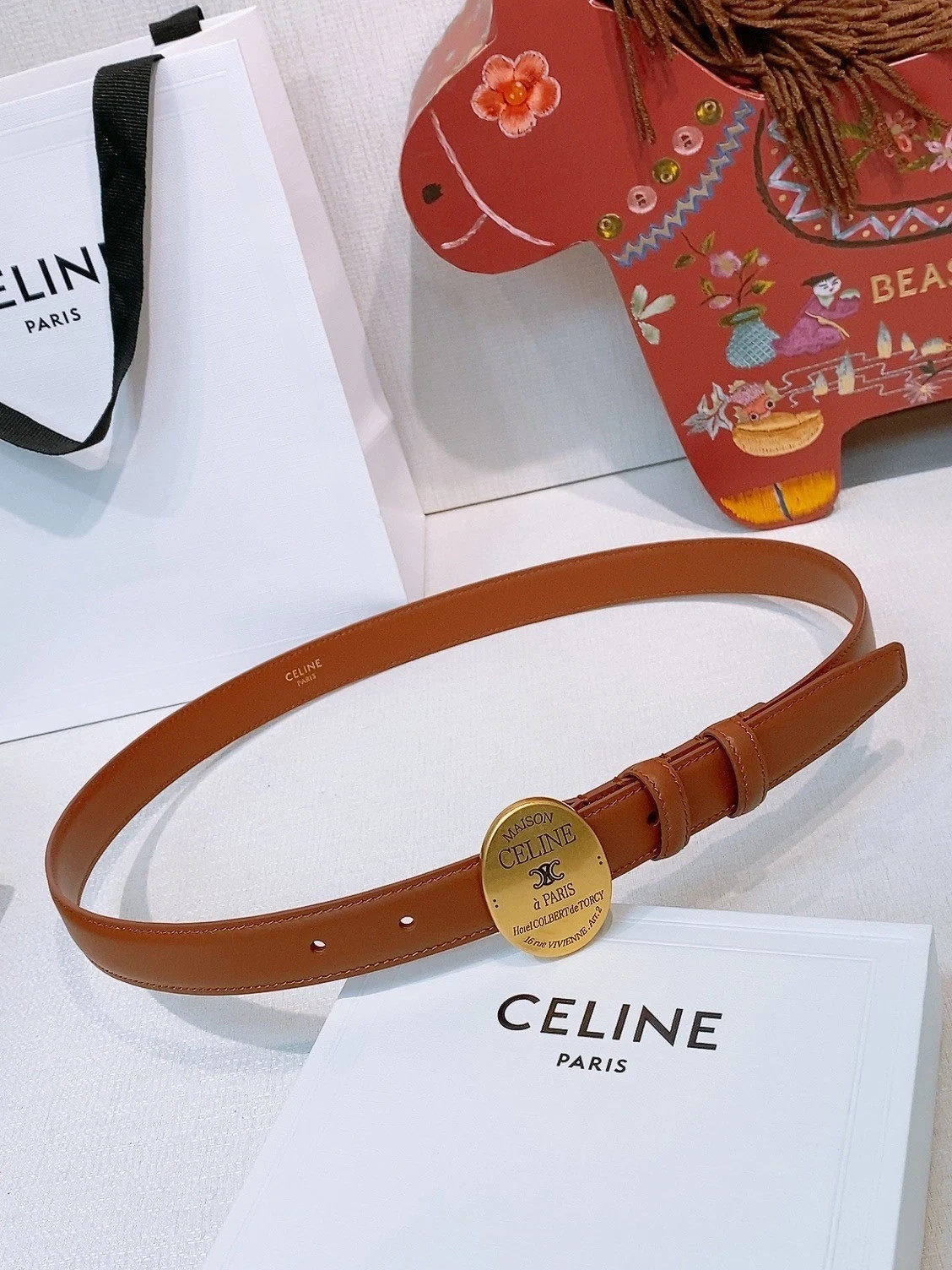 CELINE Paris Brown Leather Belt Women Gold Round Logo Buckle 85/34 CELINE Paris Brown Leather Belt Women Gold Round Logo Buckle 85/34