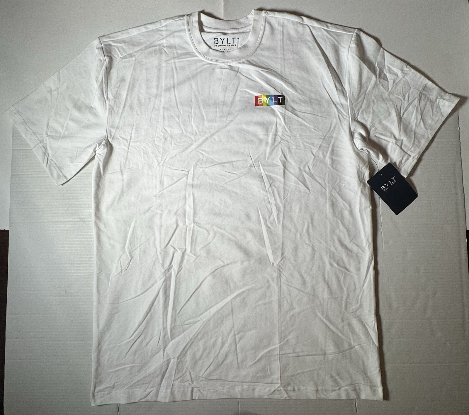 NWT BYLT LGBTQ Rainbow Box Tee LUX T Shirt Printed White Men Size XL