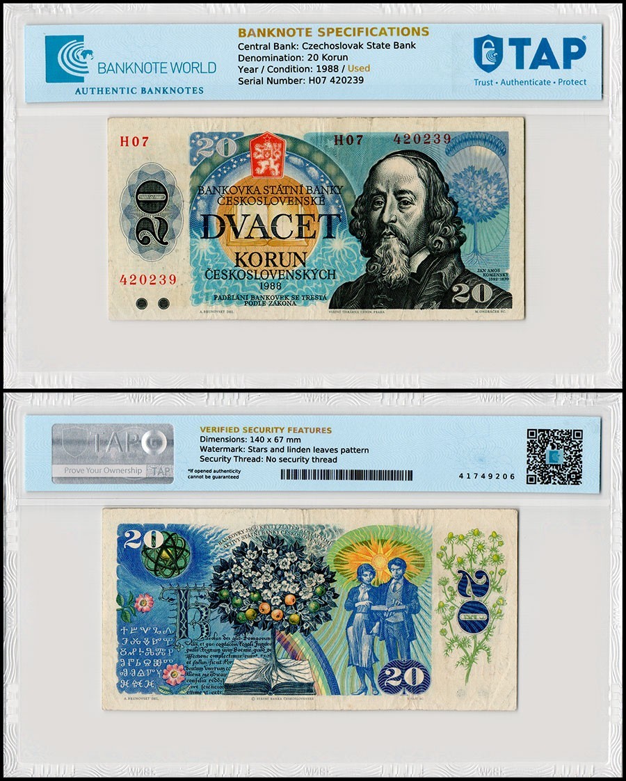 Czechoslovakia 20 Korun, 1988, P-95, Used, TAP Authenticated Czechoslovakia 20 Korun, 1988, P-95, Used, TAP Authenticated