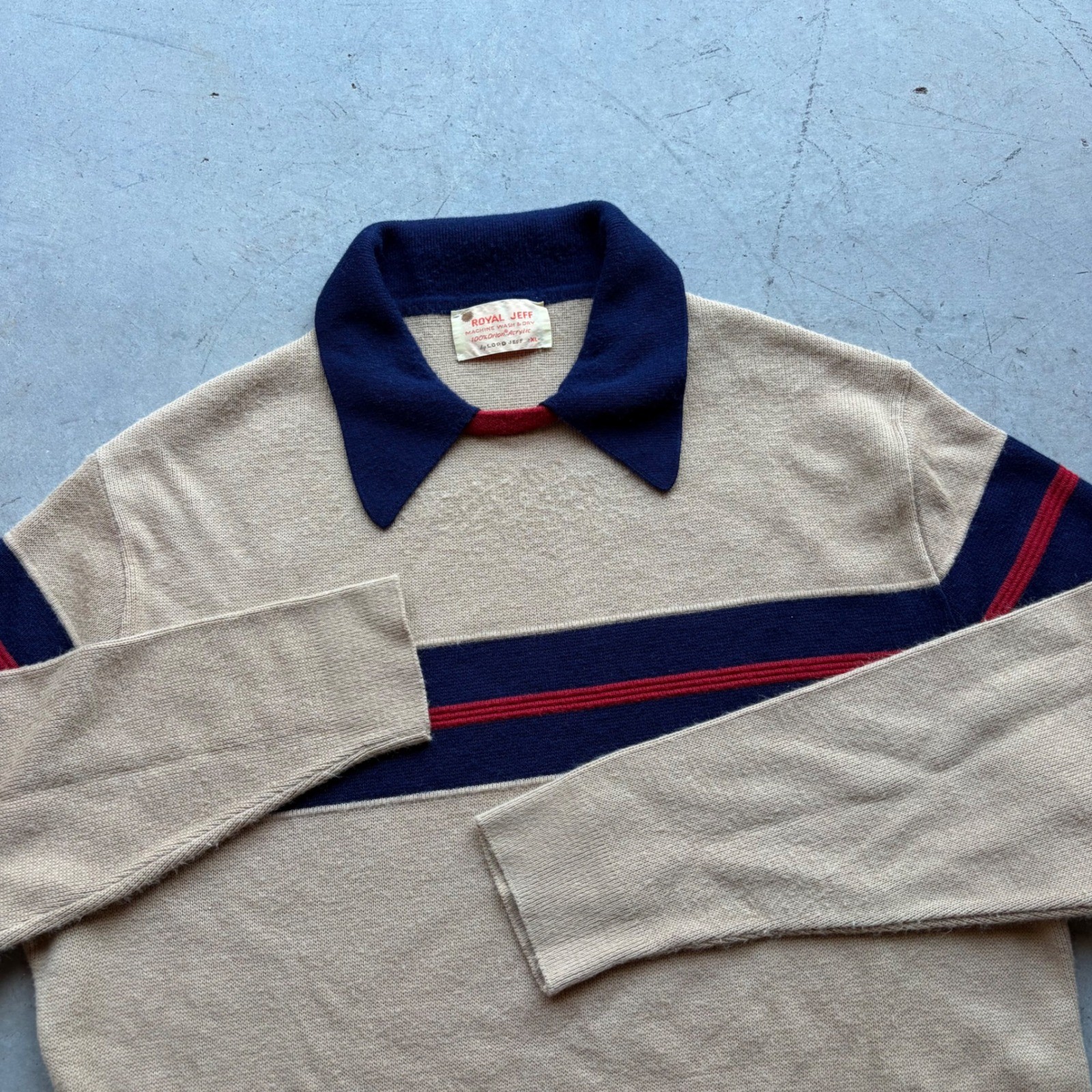 Vintage 70s Lord Jeff Royal Jeff Tan Striped Knit Polo Sweater XL Men Retro Vintage 70s Lord Jeff Royal Jeff Tan Striped Knit Polo Sweater XL Men Retro