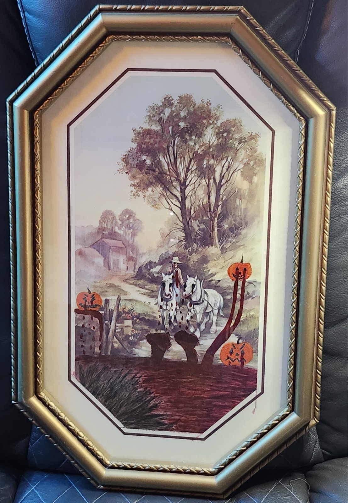 Altered Vintage Art Print Halloween Pumpkins Work Horses Upcycled Thrift Flip
