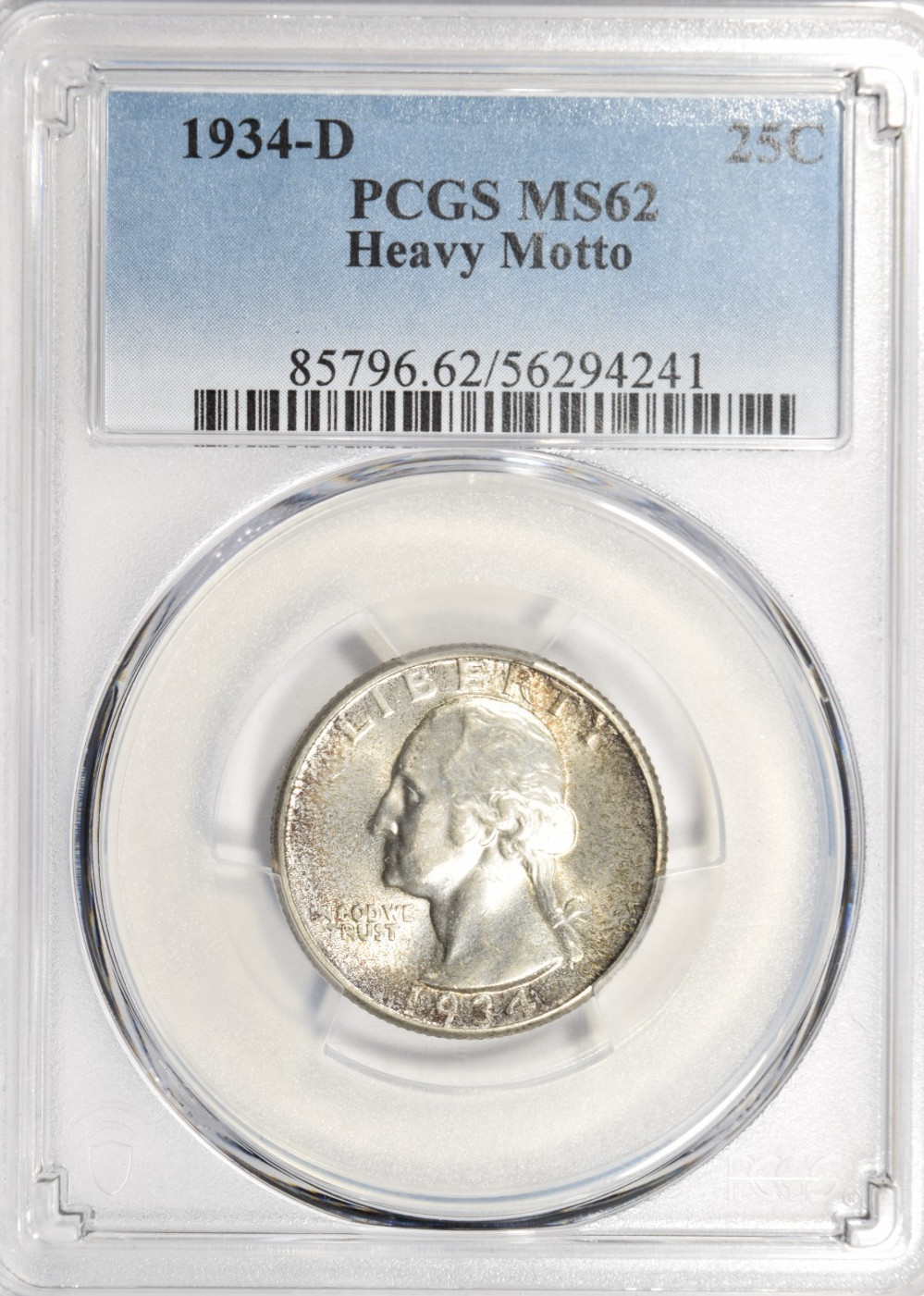1934-D WASHINGTON QUARTER ~ HEAVY MOTTO NICELY TONED CHOICE BU UNC PCGS MS62