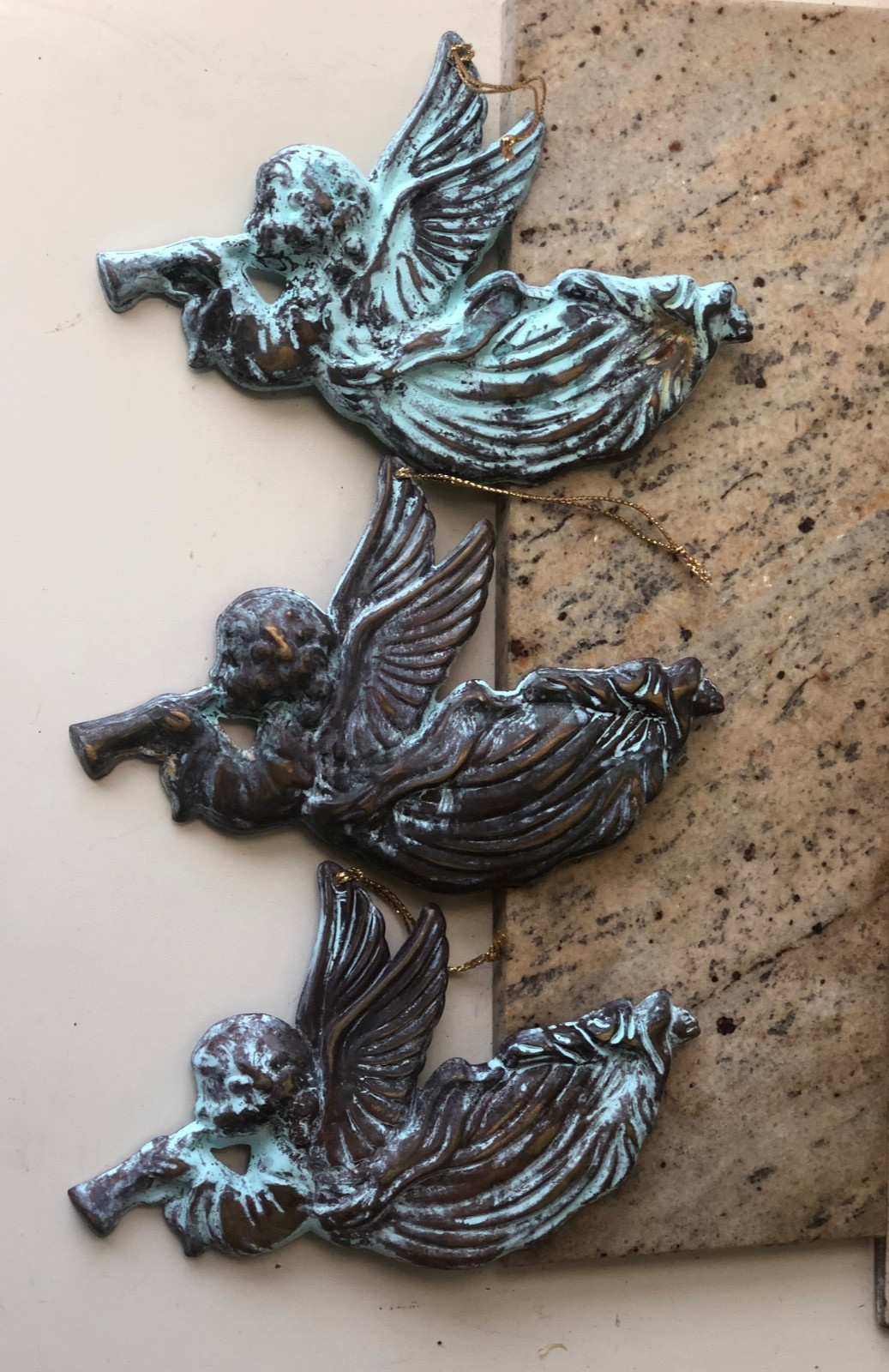 Trio of Vintage Bronze Cherub Angels with Trumpets, Ornaments, Verdigris Patina
