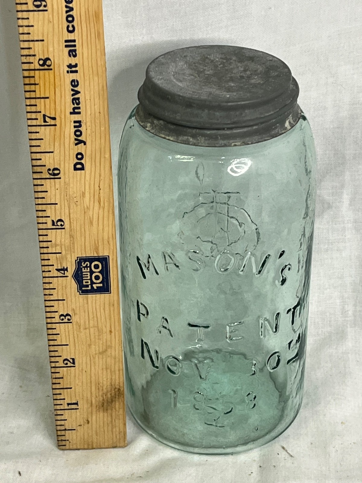 Antique Aqua Hero Cross Mason's Patent Nov 30 1858 Quart Jar HFJCo Monogram Grou Antique Aqua Hero Cross Mason's Patent Nov 30 1858 Quart Jar HFJCo Monogram Grou
