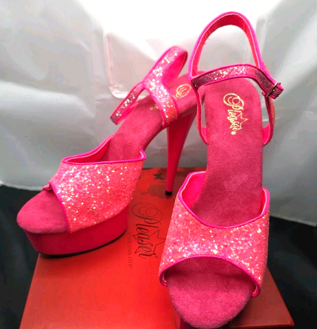 Pleaser Delight 609 Neon Pink Glitter Thick Strap Stiletto Heels Size 14