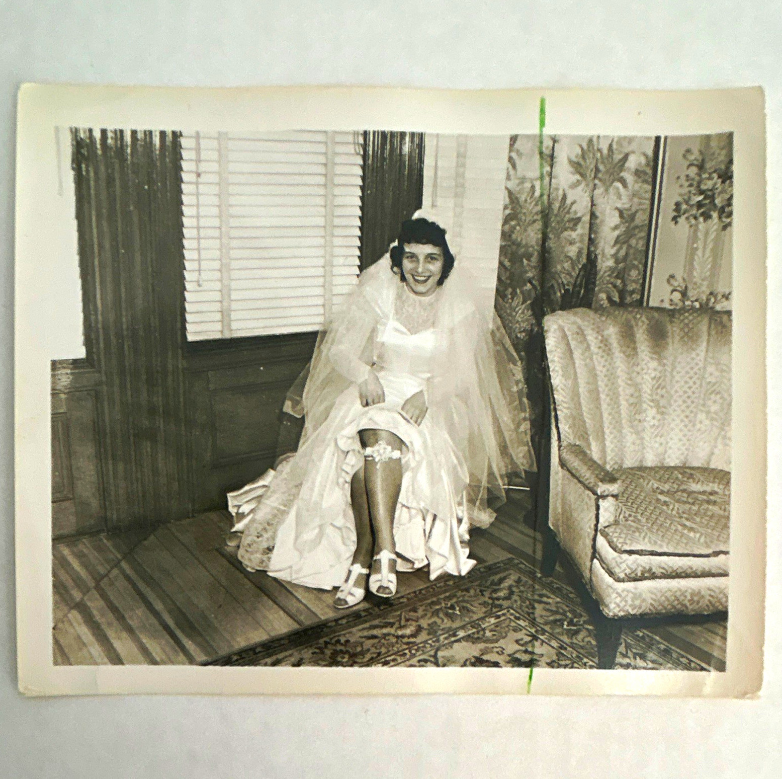 Vintage 50s Black & White Wedding Portrait of  Pretty Bride Garter Leggy