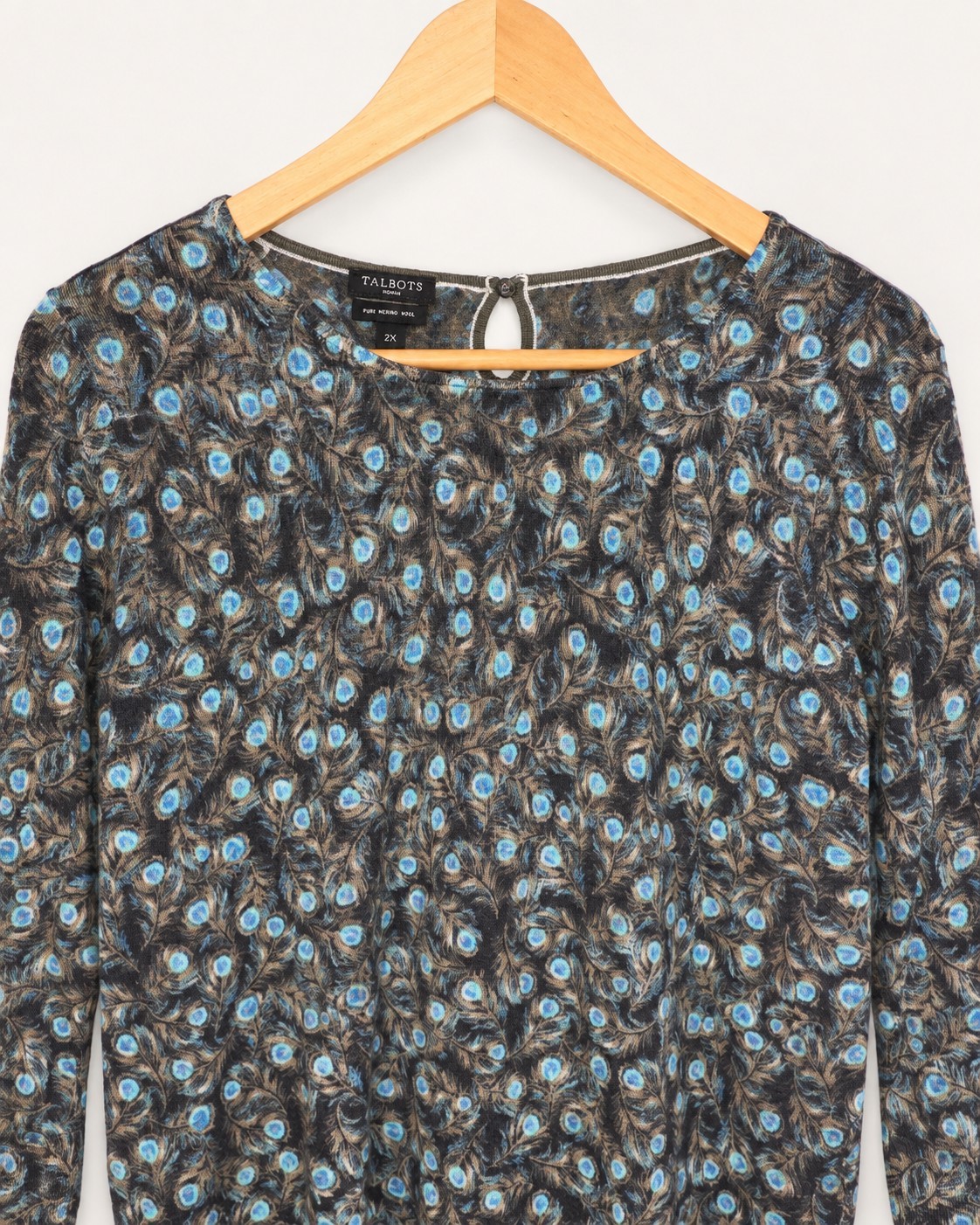 Talbots Woman 2X Pure Merino Wool Peacock Print 3/4 Sleeve Sweater
