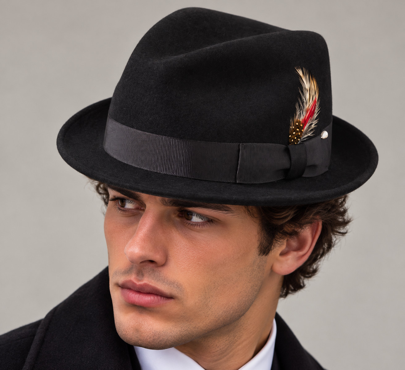 Men’s 100% Wool Fedora Hat Made in USA Black Felt Feather Dress Hat