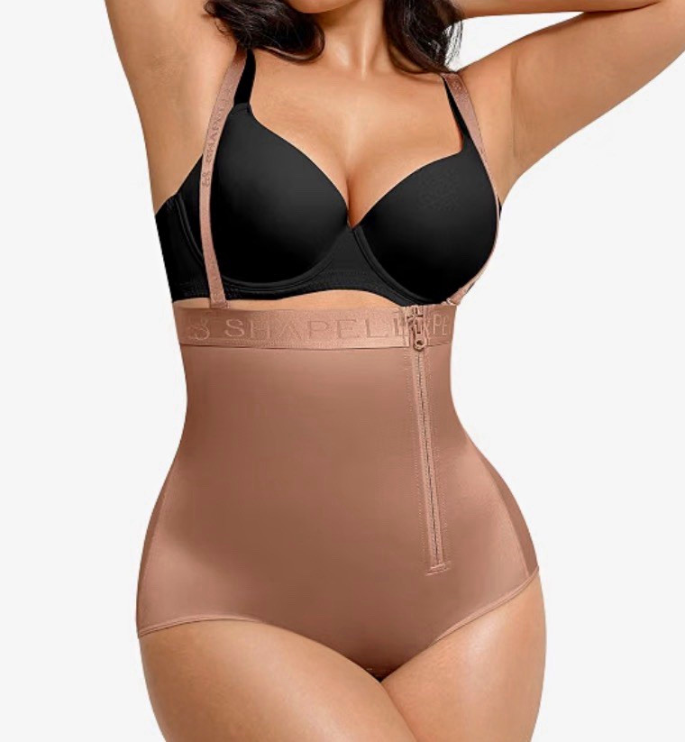 Shapellx High Waisted Shapewear Brief Beige Zip Front Boning Butt Lift