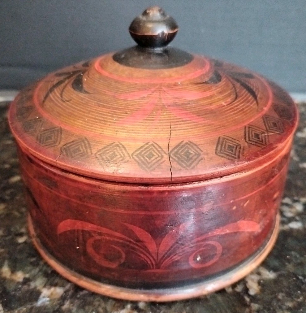 Vintage Old Antique Wood Turned Treen Painted Middle Eastern Spice Box / Humidor