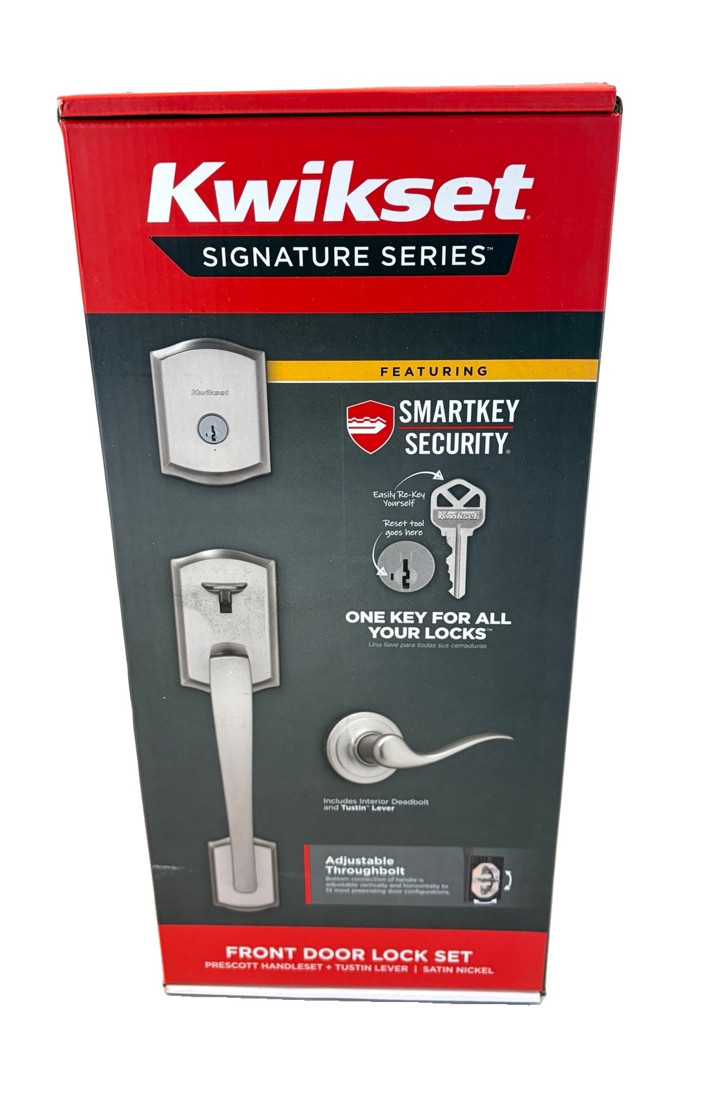 Kwikset Prescott Handleset W/ Deadbolt & Tustin Lever In Satin Nickel 98180-082