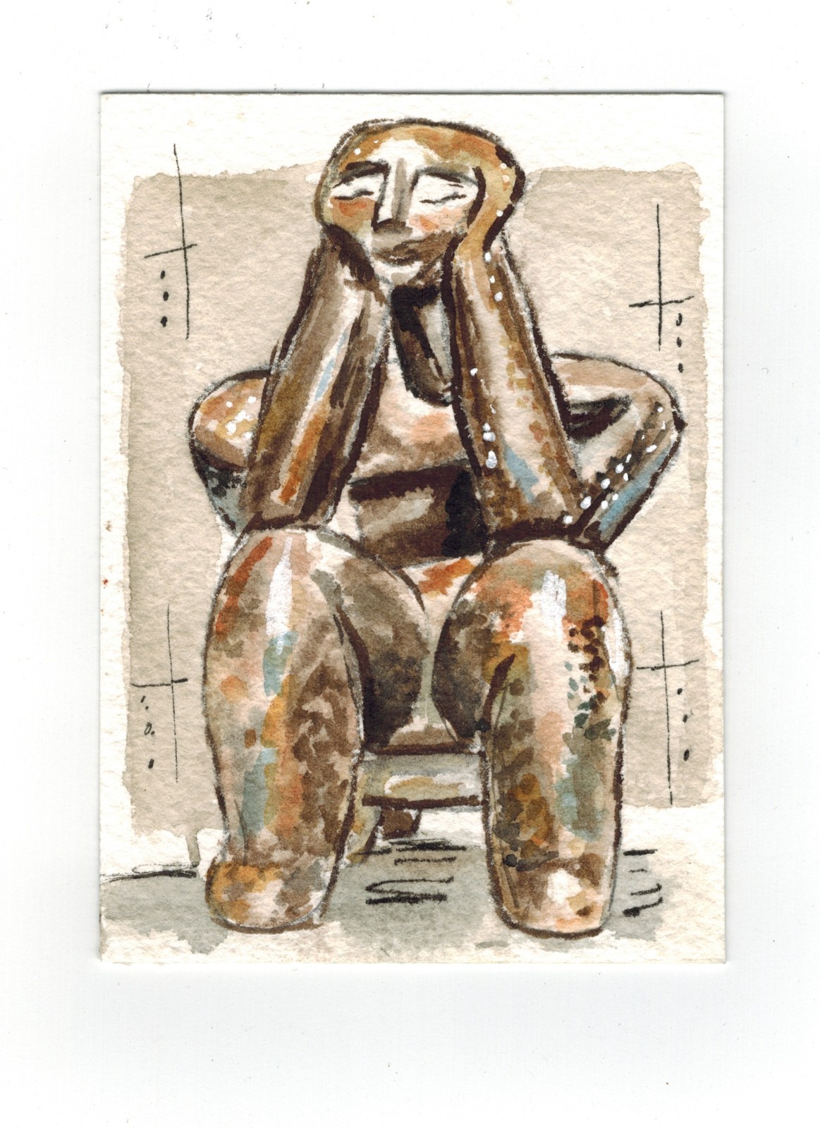 ACEO Doxen Art Company Original Watercolor Painting Statue Sitting Man Thinker