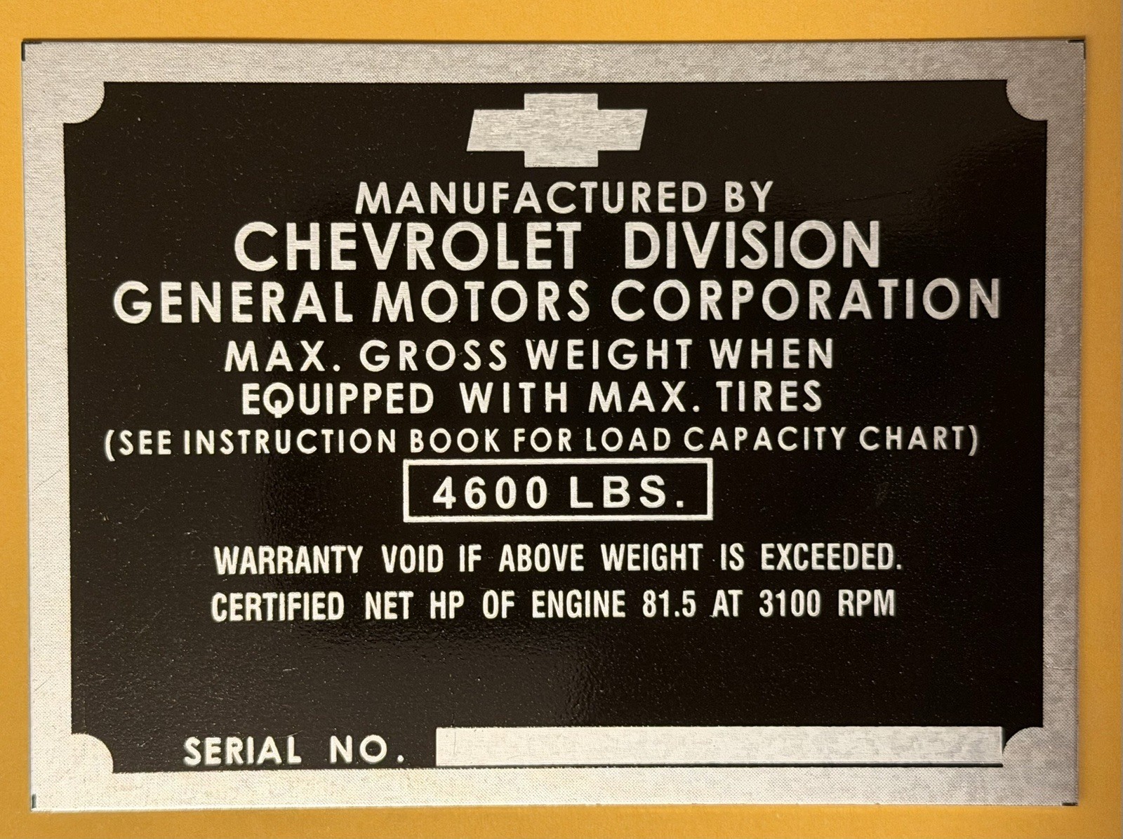 1947-49 Chevrolet 1/2T Truck ID Identification Tag STAMPED w/ Your Number
