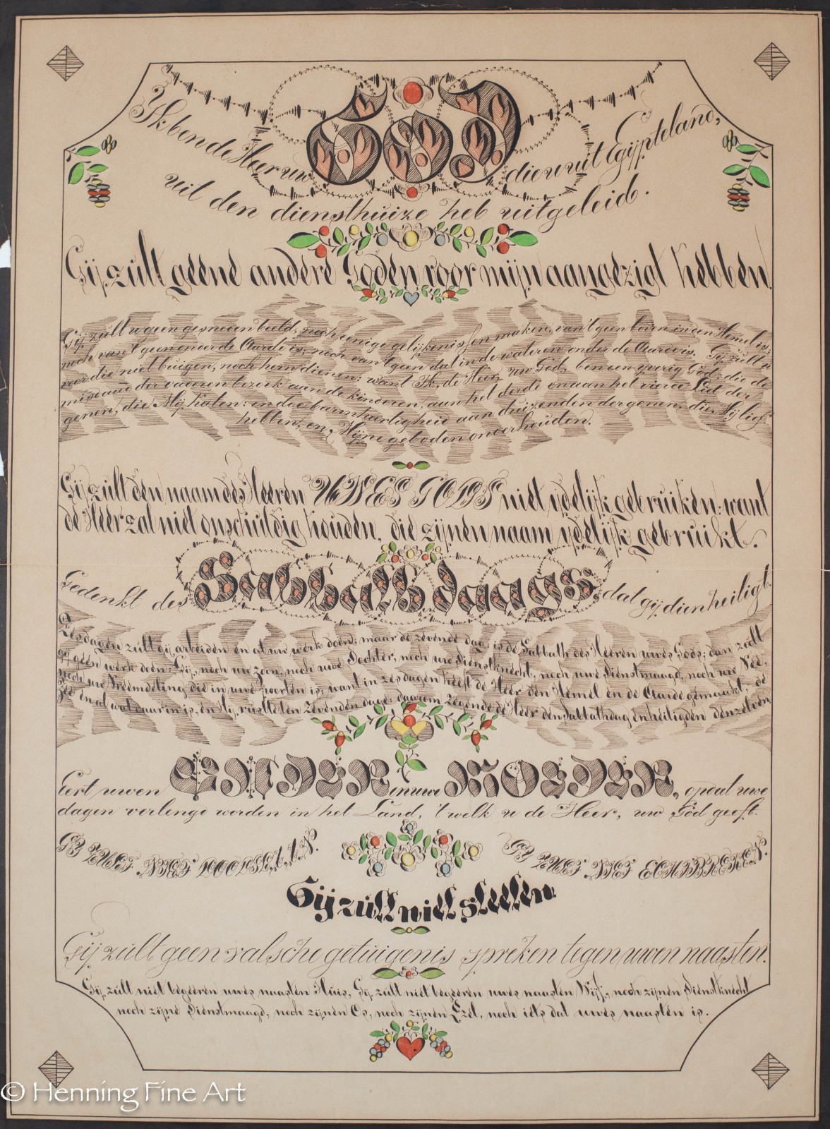 Rare Pennsylvania Dutch Fraktur Ten Commandments Antique American Folk Art 22x17