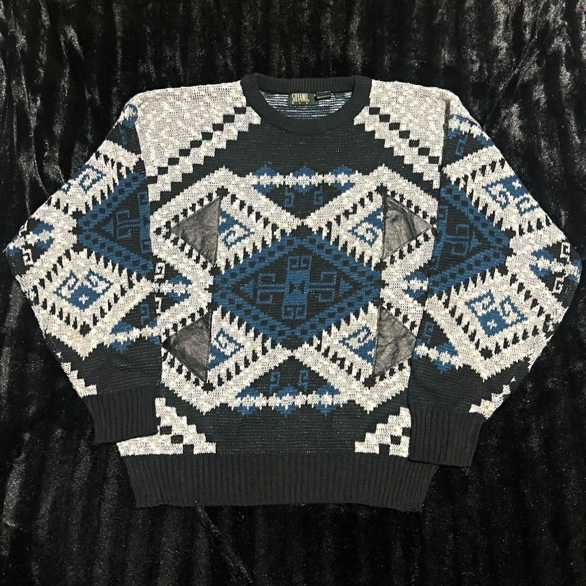 Vintage 90s Stefano Mens Knit Pullover Sweater Crew Neck Geometric XL Black Blue Vintage 90s Stefano Mens Knit Pullover Sweater Crew Neck Geometric XL Black Blue