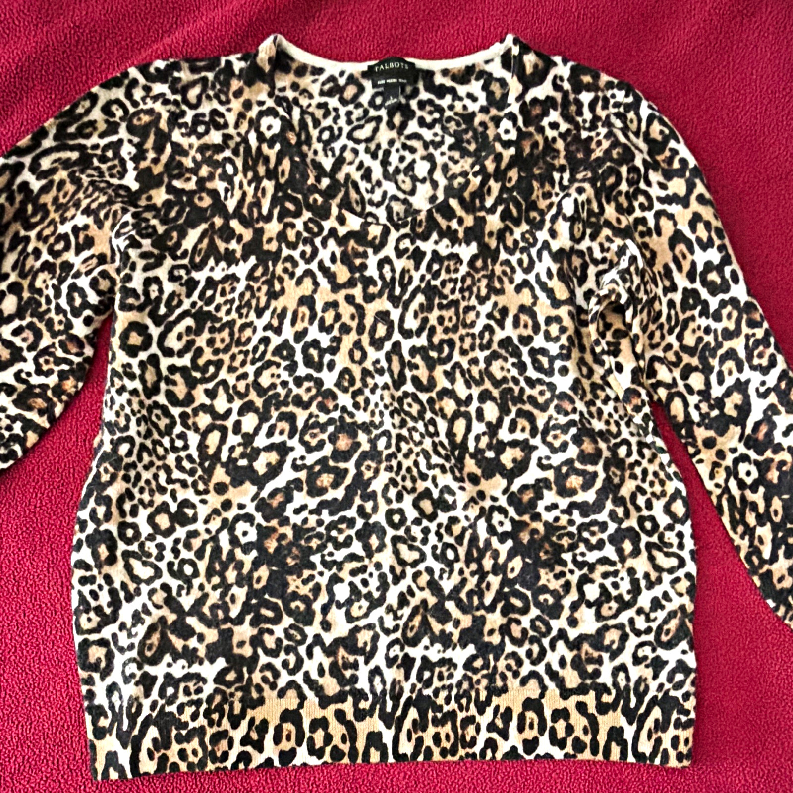 Talbots 100% Merino Wool Leopard Animal Print V-Neck Pullover Sweater L