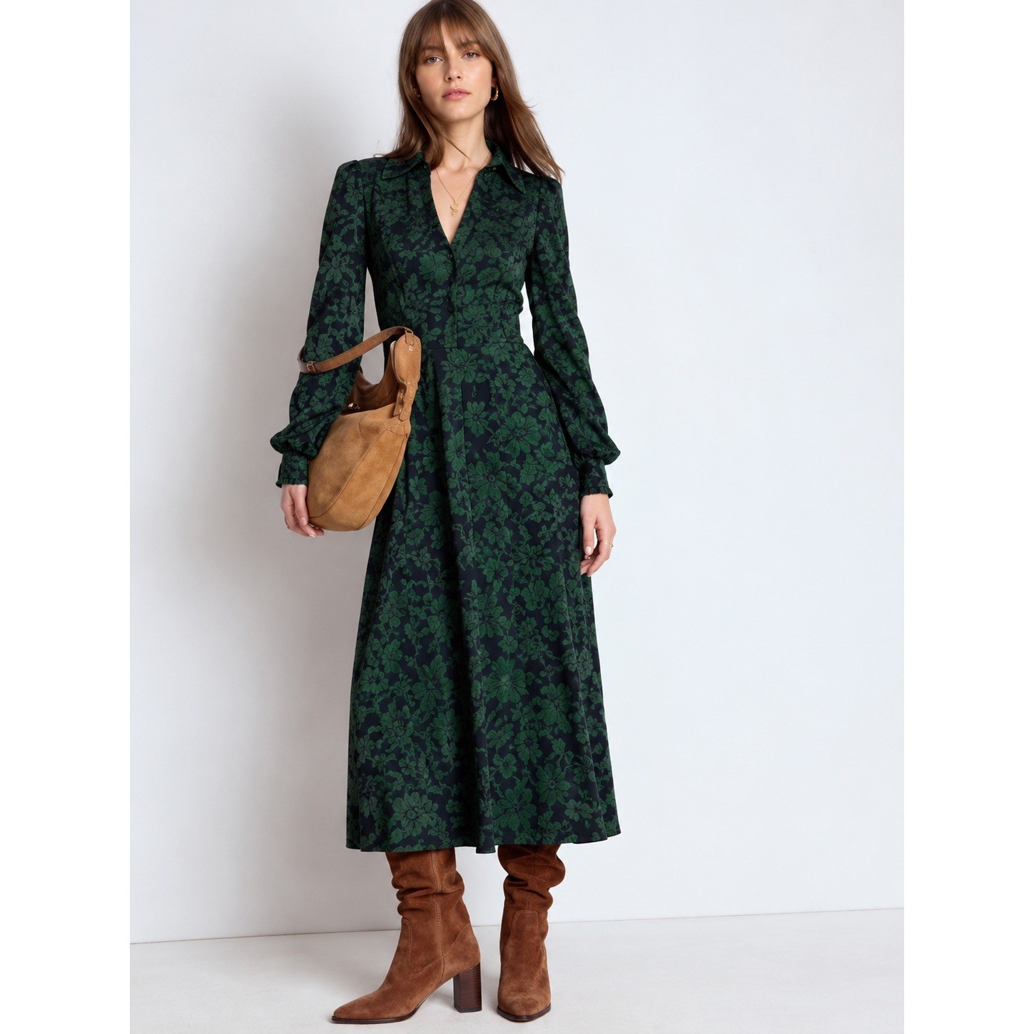 Boden Teal Green Black Floral Tiered Shirt Dress Long Sleeve Pockets 8R D0337