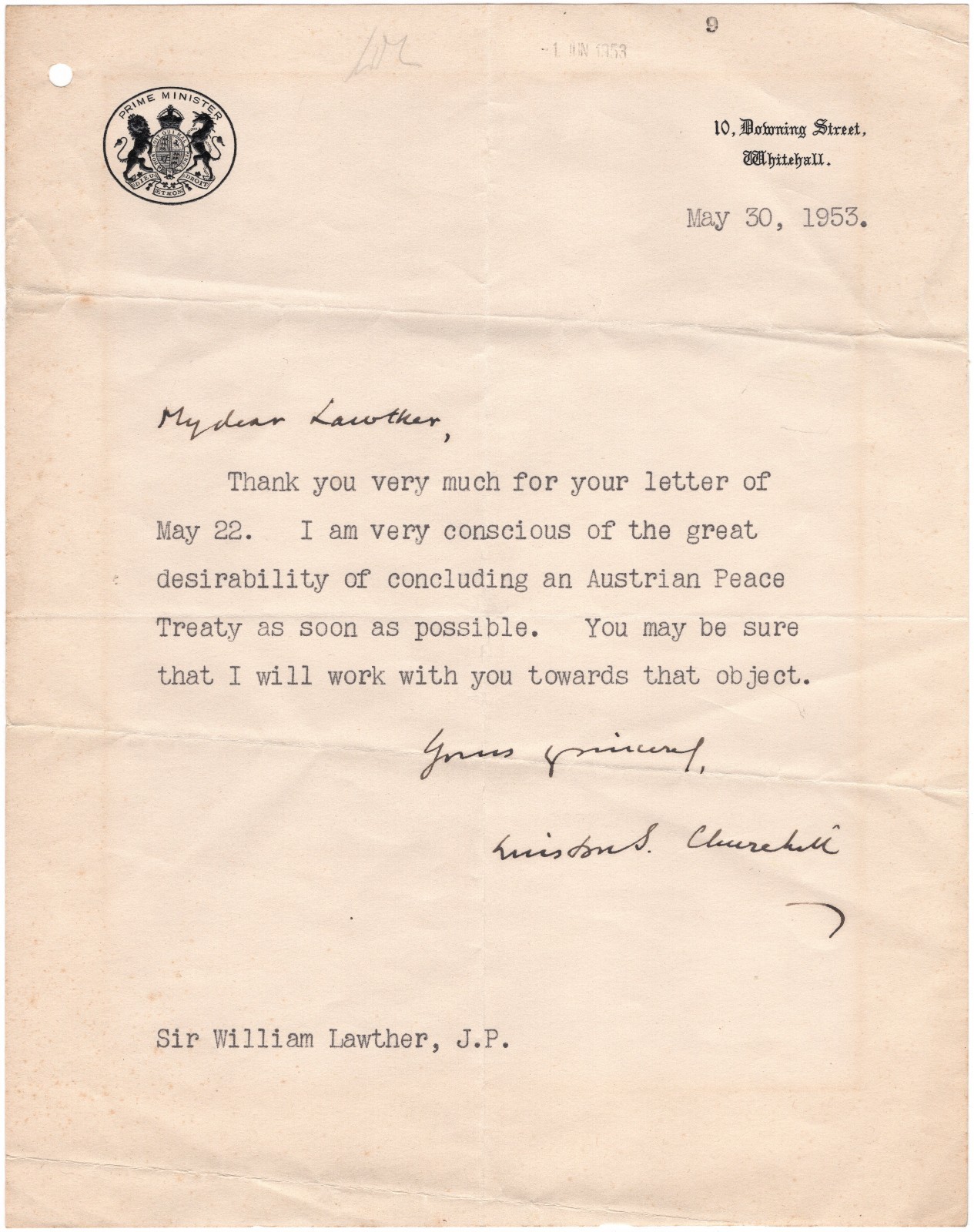 Winston S. Churchill Letter Signed Restoring Austria After Joseph Stalin\'s Death