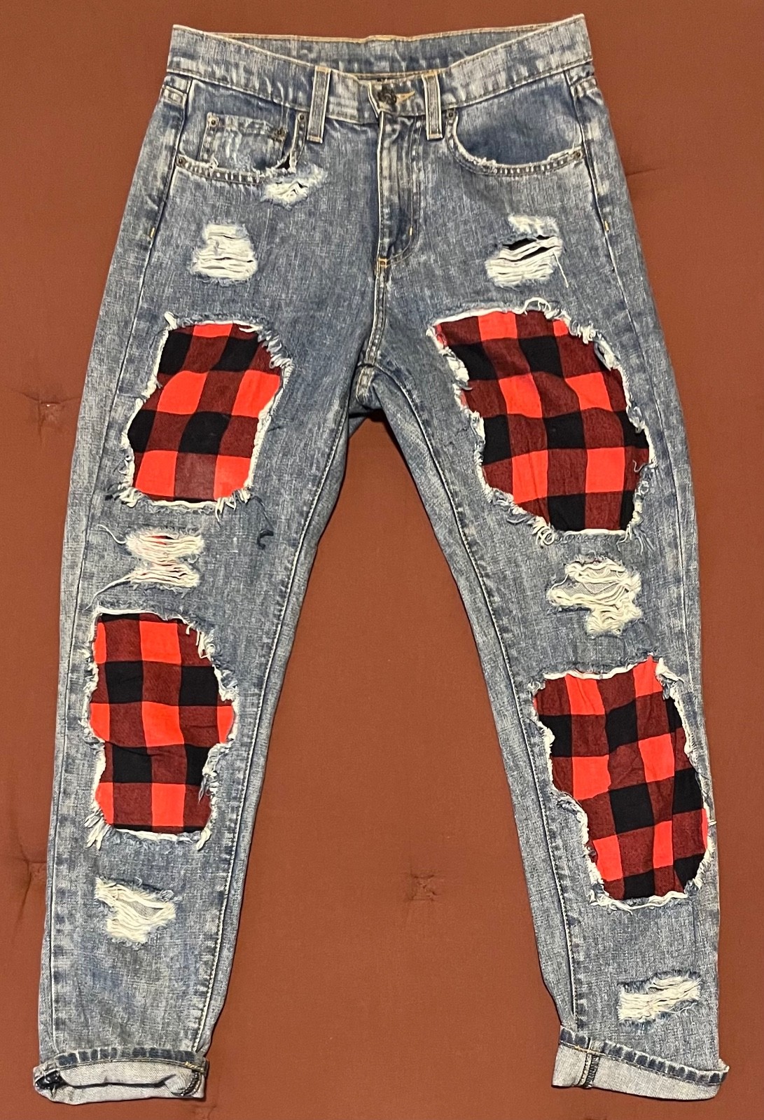 CARMAR Women\'s 24 Distressed Buffalo Plaid Patchwork Jeans Made USA