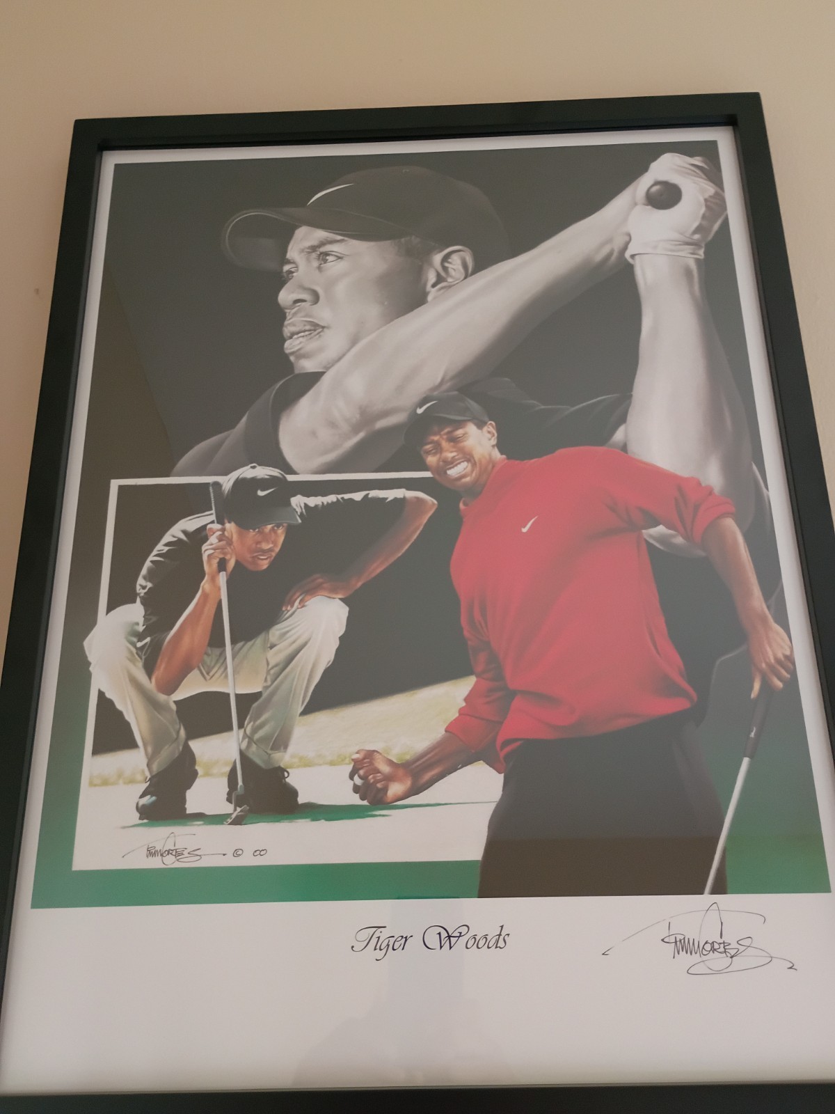 Tiger Woods Lithograph, Framed Portrait By Tim Cortes