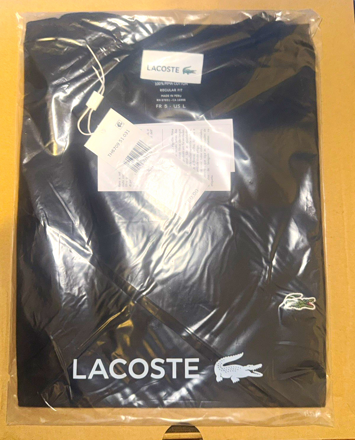 Lacoste Men\'s Black 100% Pima Cotton Regular Fit Shirt L Logo