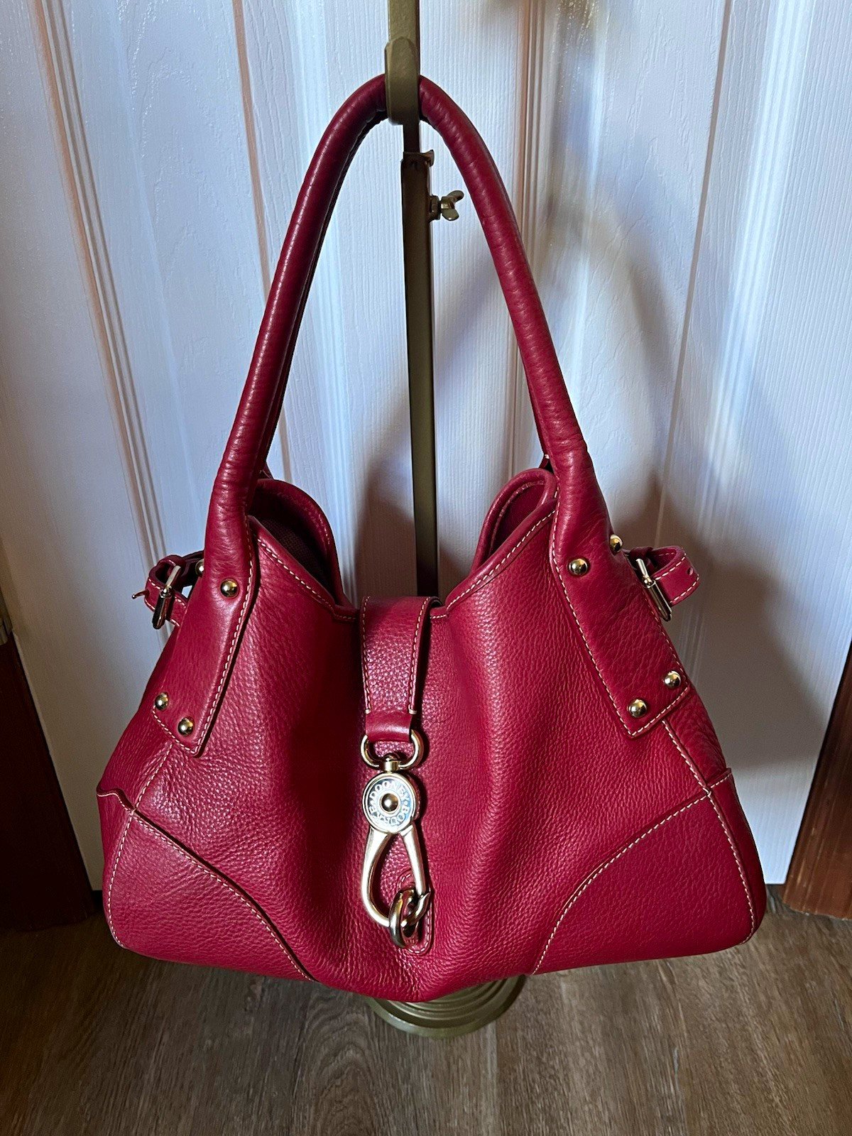 Dooney & Bourke Red Pebbled Leather Logo Lock Satchel Shoulder Bag - Small Flaws Dooney & Bourke Red Pebbled Leather Logo Lock Satchel Shoulder Bag - Small Flaws