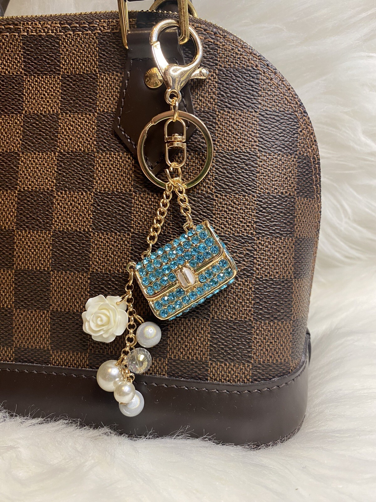 Mini Handbag Bag Charm Keychain Keyring Handbag Blue Camellia Sparkling Gift Mini Handbag Bag Charm Keychain Keyring Handbag Blue Camellia Sparkling Gift